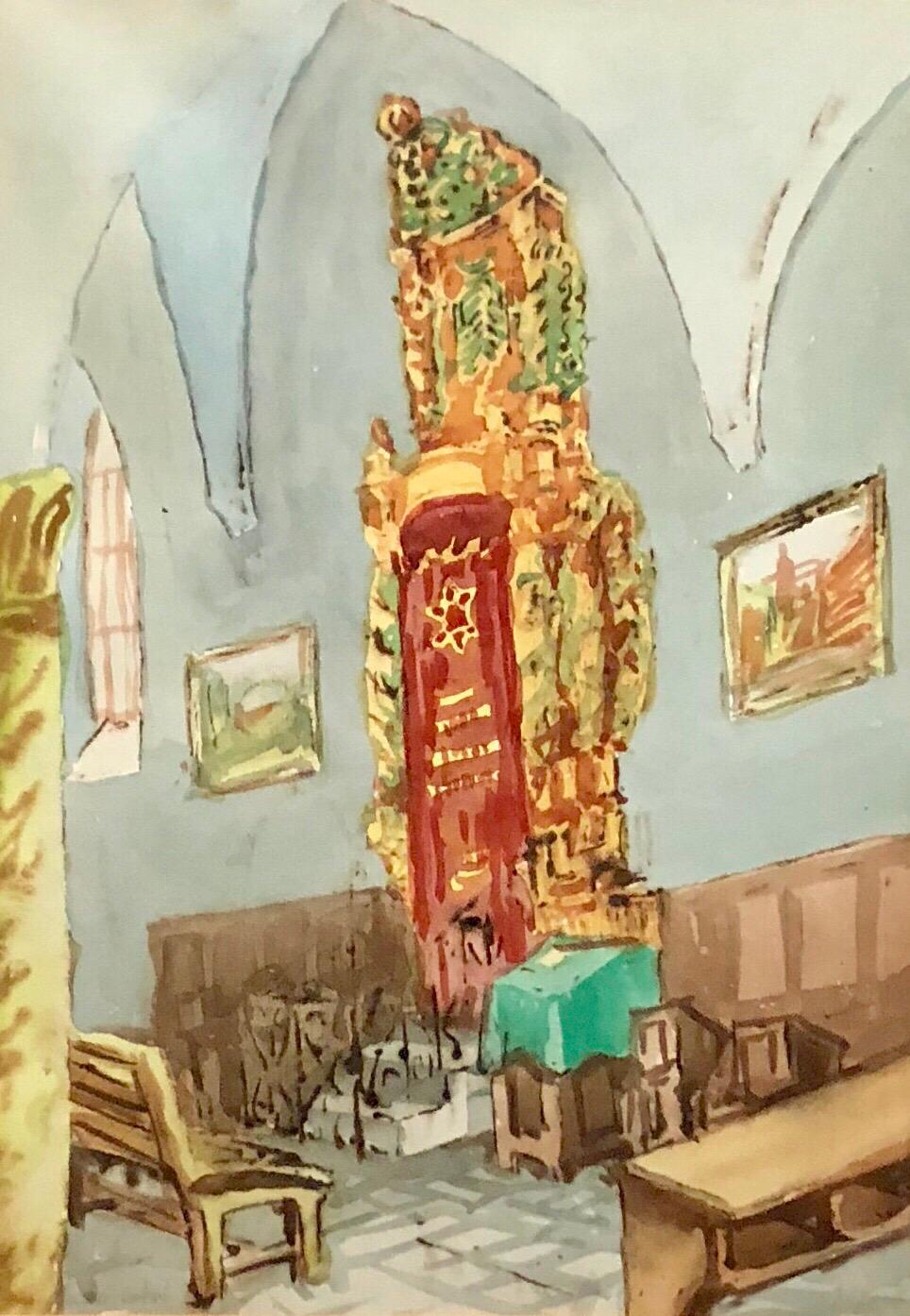 Pintura de acuarela de arte popular israelí modernista del interior de la sinagoga de Safed - Art de Zvi Ehrman