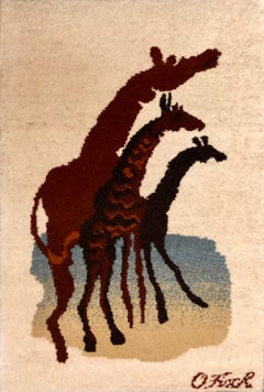 Vintage Handwoven Tapestry Wool Pile Folk Art Rug Caverna Series Giraffes