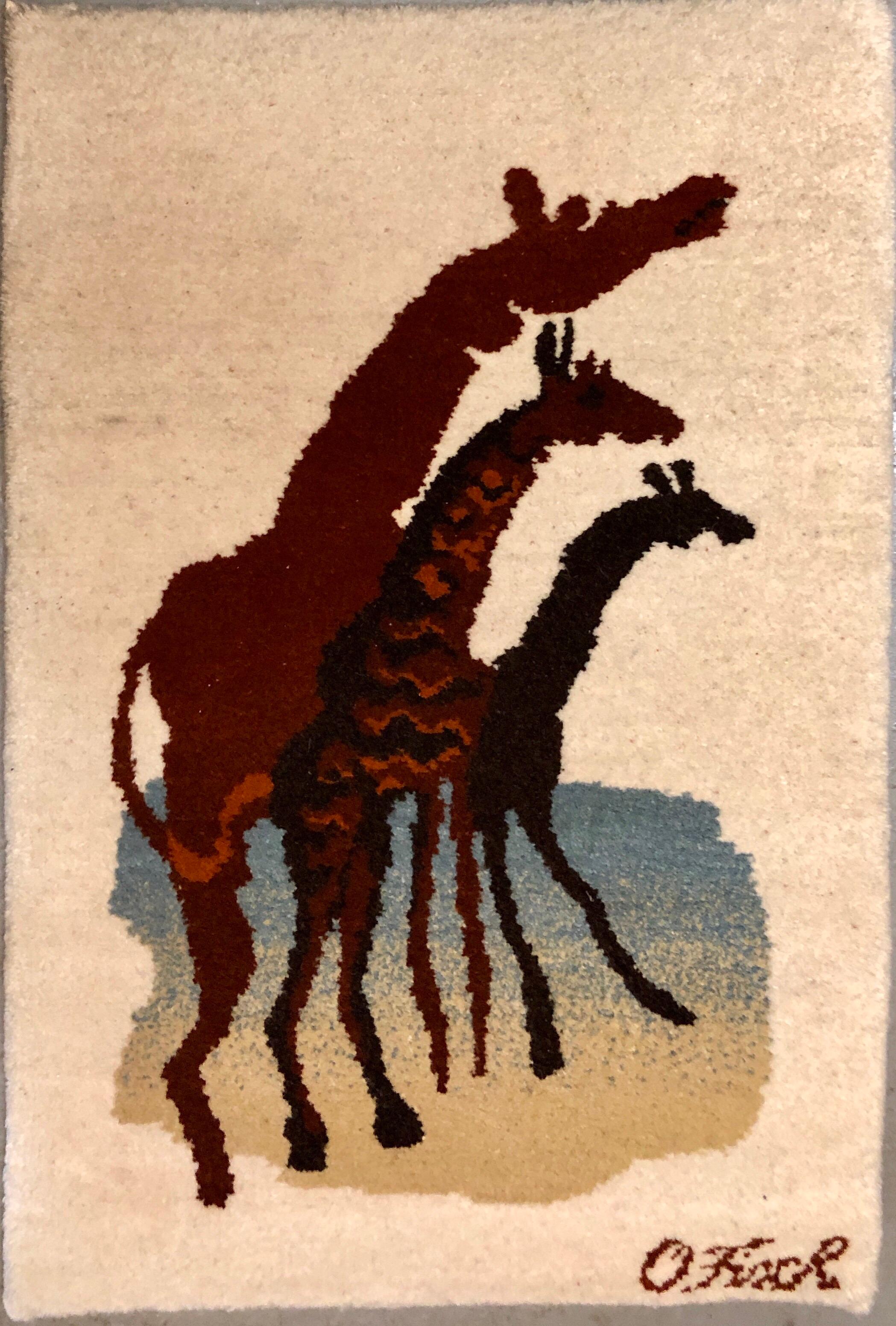 Vintage Handwoven Tapestry Wool Pile Folk Art Rug Caverna Series Giraffes 1