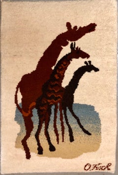 Vintage Handwoven Tapestry Wool Pile Folk Art Rug Caverna Series Giraffes