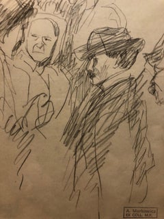 Framed Sketch Pencil Drawing of Couple in City Scene Pre War Polish Jewish Art