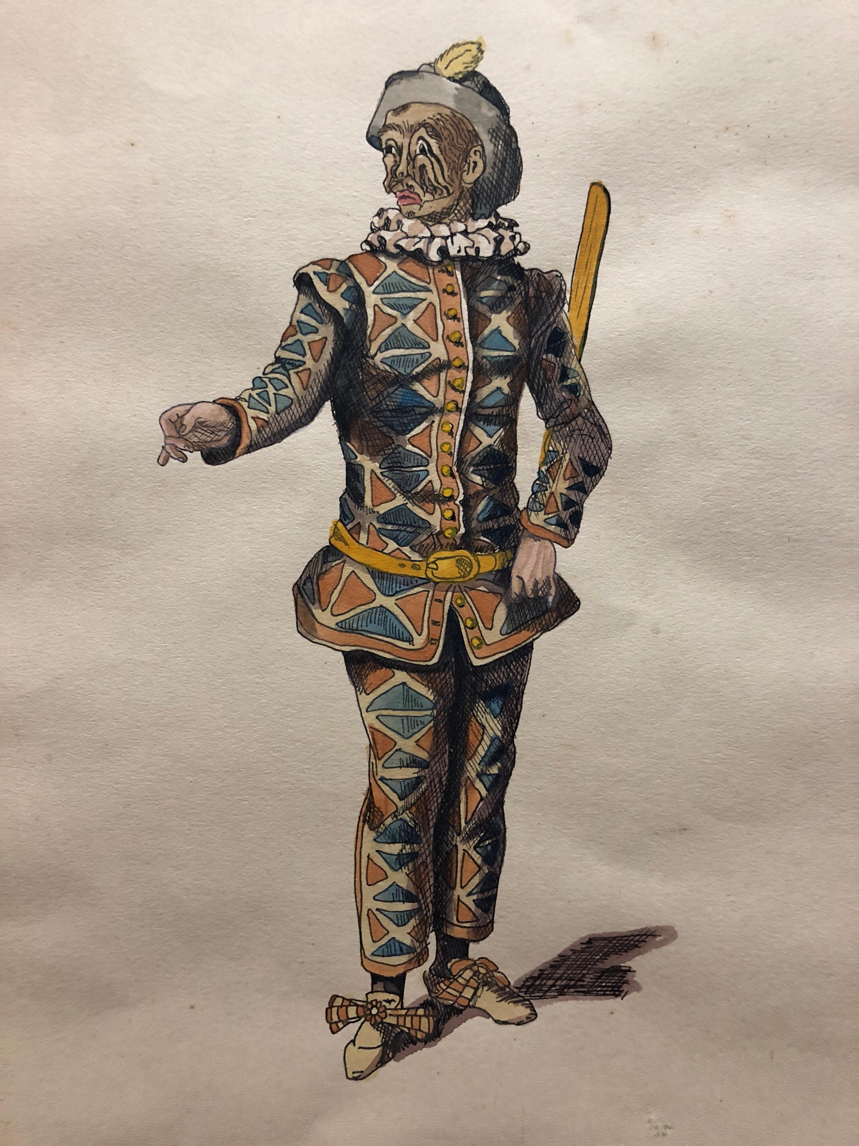 Costume Stage Drawing Medieval Jester or Harlequin Figure Watercolor Painting - Art by Unknown