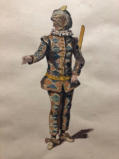 Costume Stage Drawing Medieval Jester or Harlequin Figure Watercolor Painting