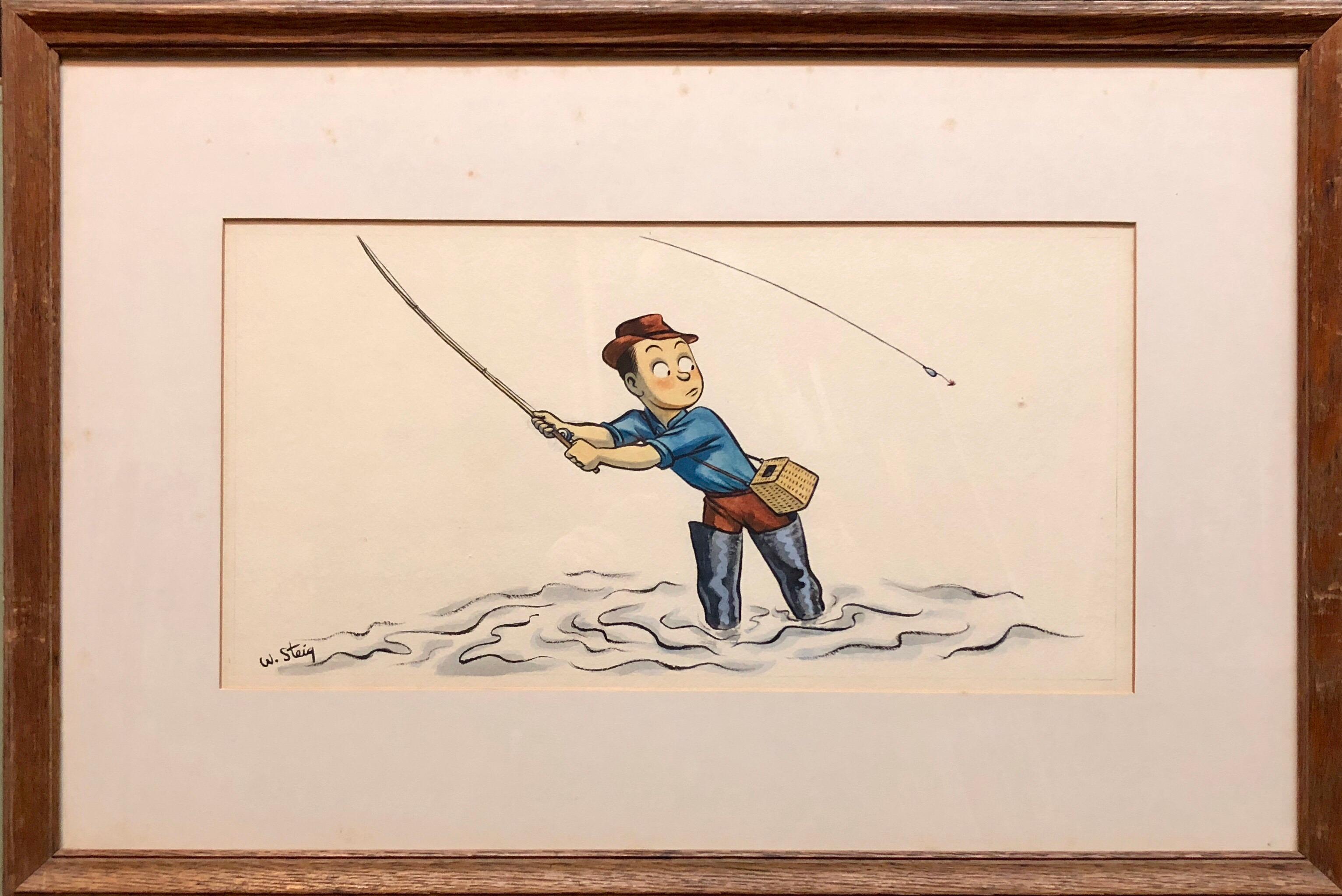 William Steig (b.1907) Figurative Art - Whimsical Fishing Illustration Cartoon 1938 Mt Tremblant Ski Lodge William Steig