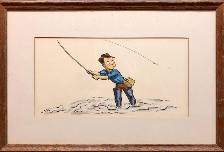 Whimsical Fishing Illustration Cartoon 1938 Mt Tremblant Ski Lodge William Steig - Art by William Steig (b.1907)