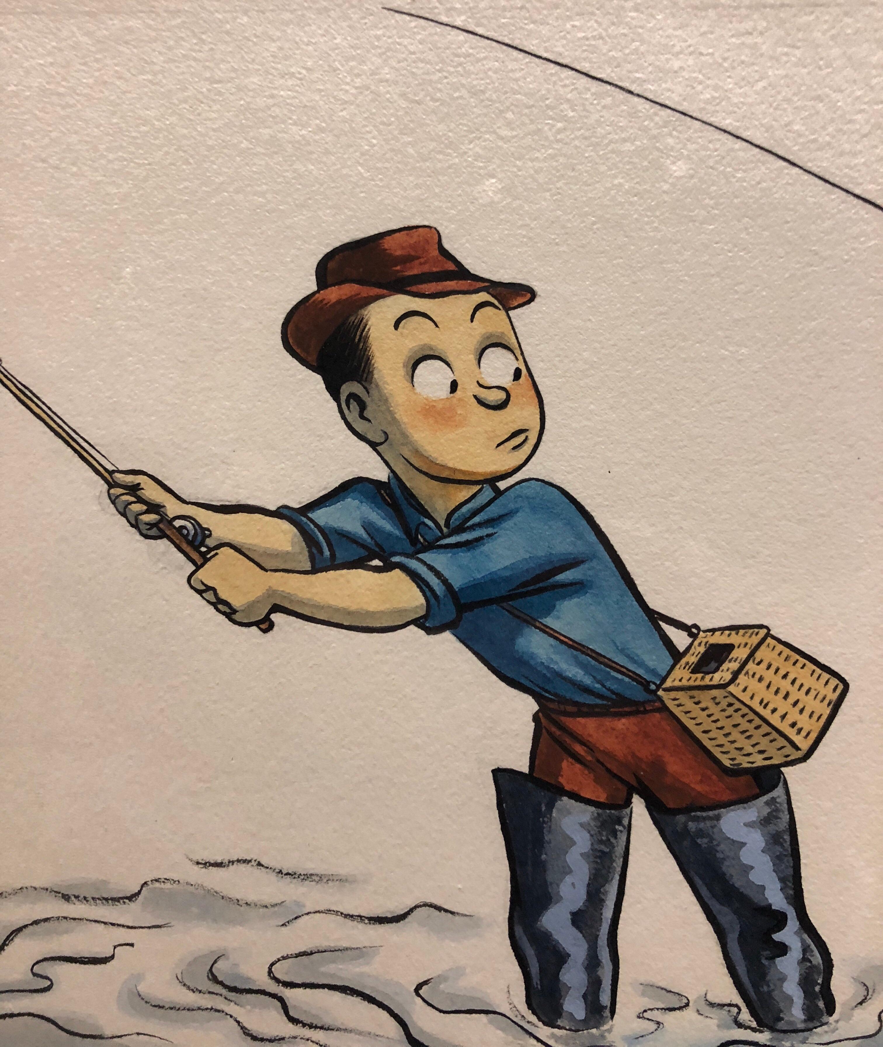 Lighthearted Illustration of Outdoor Pursuits This one of a fisherman signed 