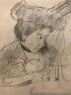 Framed Sketch Pencil Drawing of Woman in Cafe Scene Pre War Polish Jewish Art