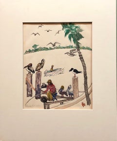 Pelikanen und Fischer Aquarellgemälde Chicagoer WPA-Künstler