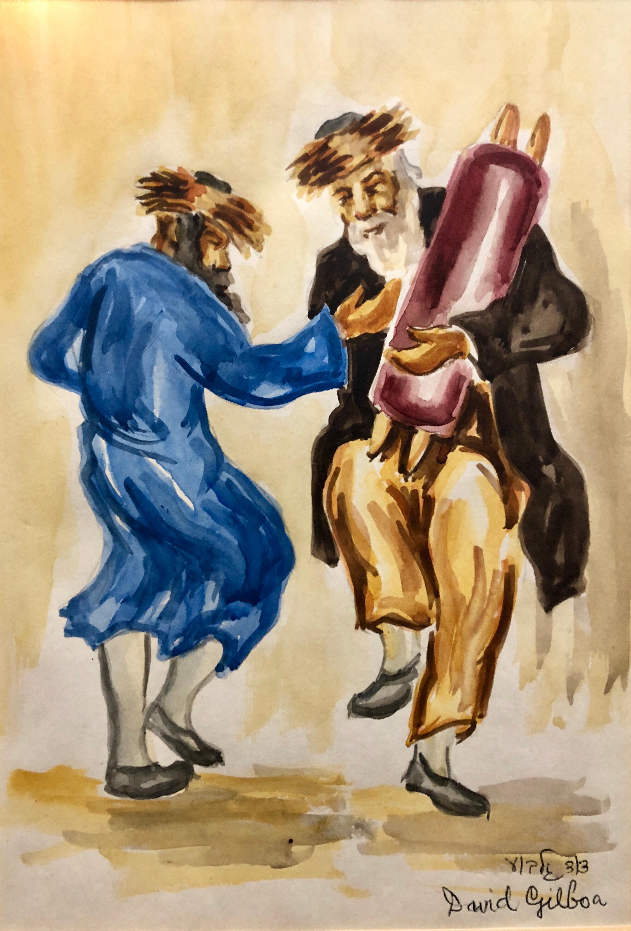 David Gilboa Figurative Painting - Rabbis Dancing, Israeli Judaica Gouache Painting