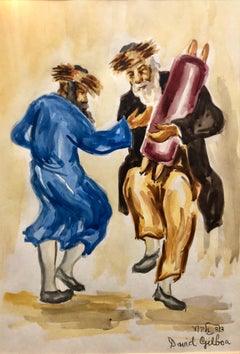 Rabbis Dancing, Israeli Judaica Gouache Painting