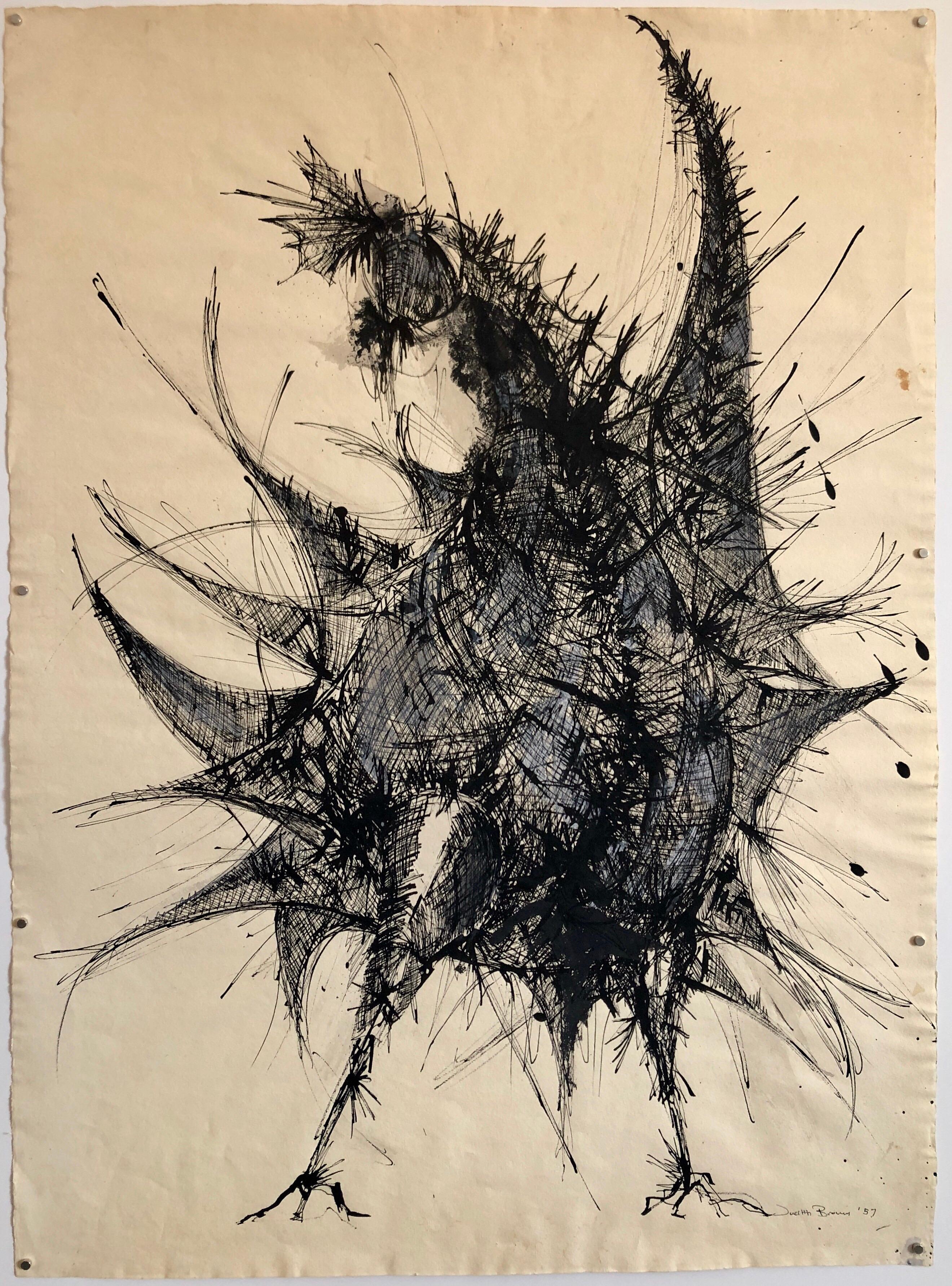 Large Ink Drawing Abstract Expressionist Rooster Woman Artist - Beige Abstract Drawing by Judith Brown