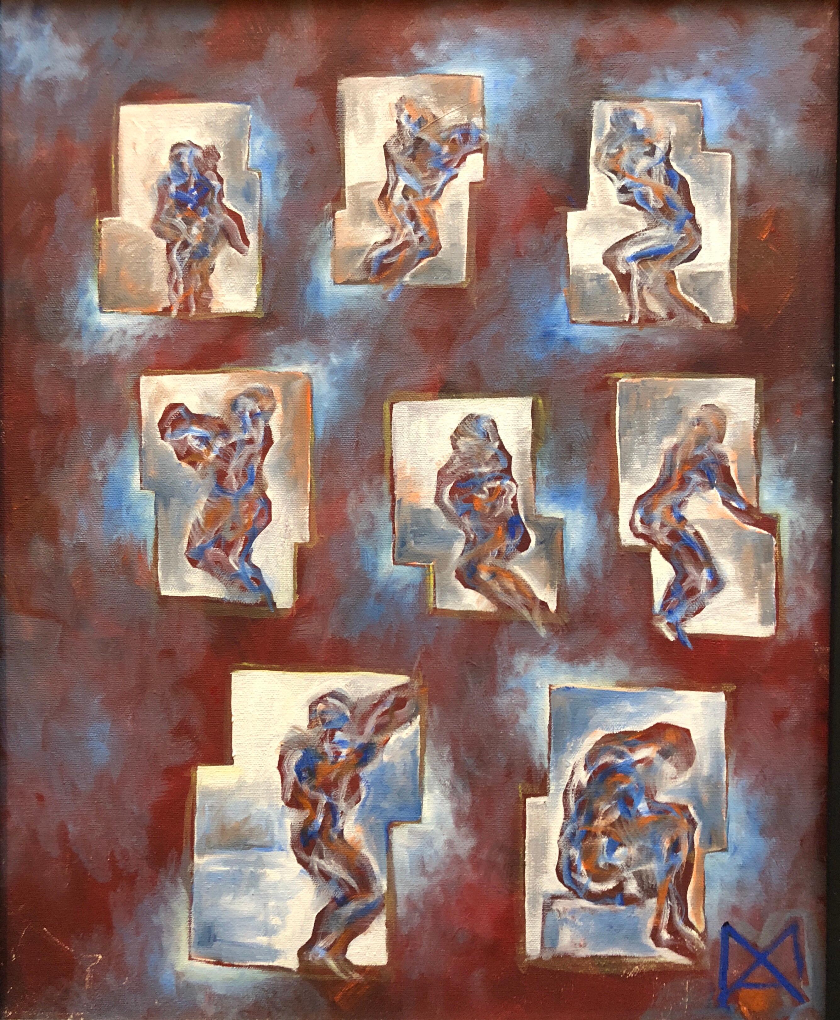 20x16 actual canvas. 27x23.5 incl. frame. Oil on canvas. signed with monogram. 
Figurative Abstraction gestural painting. Matthias Alfen’s series of Janus figures are an innovation in figural art predicated on the advances made by the Futurist