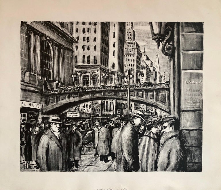 Nyc Street Scene Vintage 1950s Lithograph Wpa Style