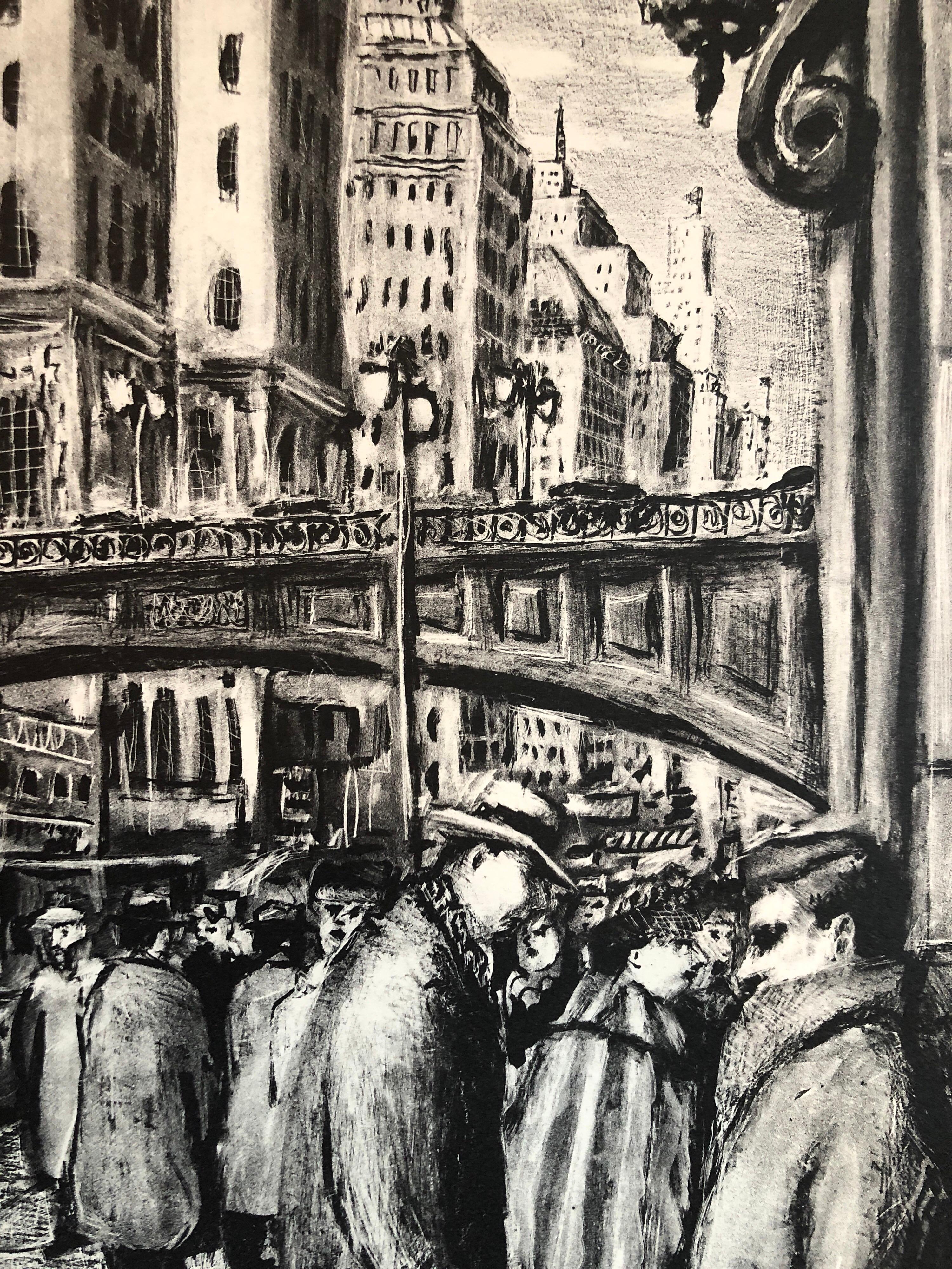 NYC Street Scene Vintage 1950er Jahre Lithographie im WPA-Stil – Print von Benjamin Eisenstat