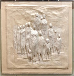 LA Modernist Cast Paper Moulded Relief Sculpture The Group In Lucite Shadowbox