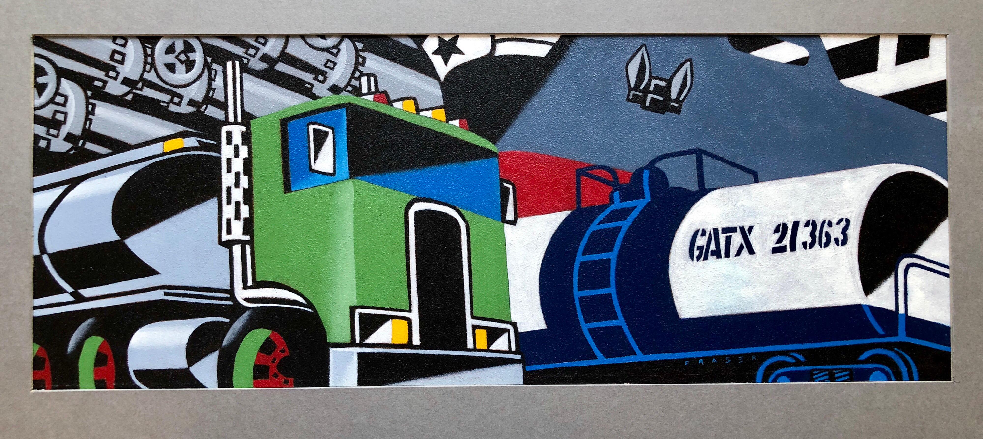 Bolde grafische Illustration, Pop-Art-Bild eines großen Trucks, Origal-Alkyd-Gemälde (Schwarz), Figurative Painting, von Douglas Fraser