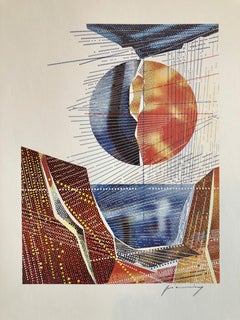 Vintage Pencil Signed Abstract Geometric Graphic Design Lithograph Print, Bauhaus Artist