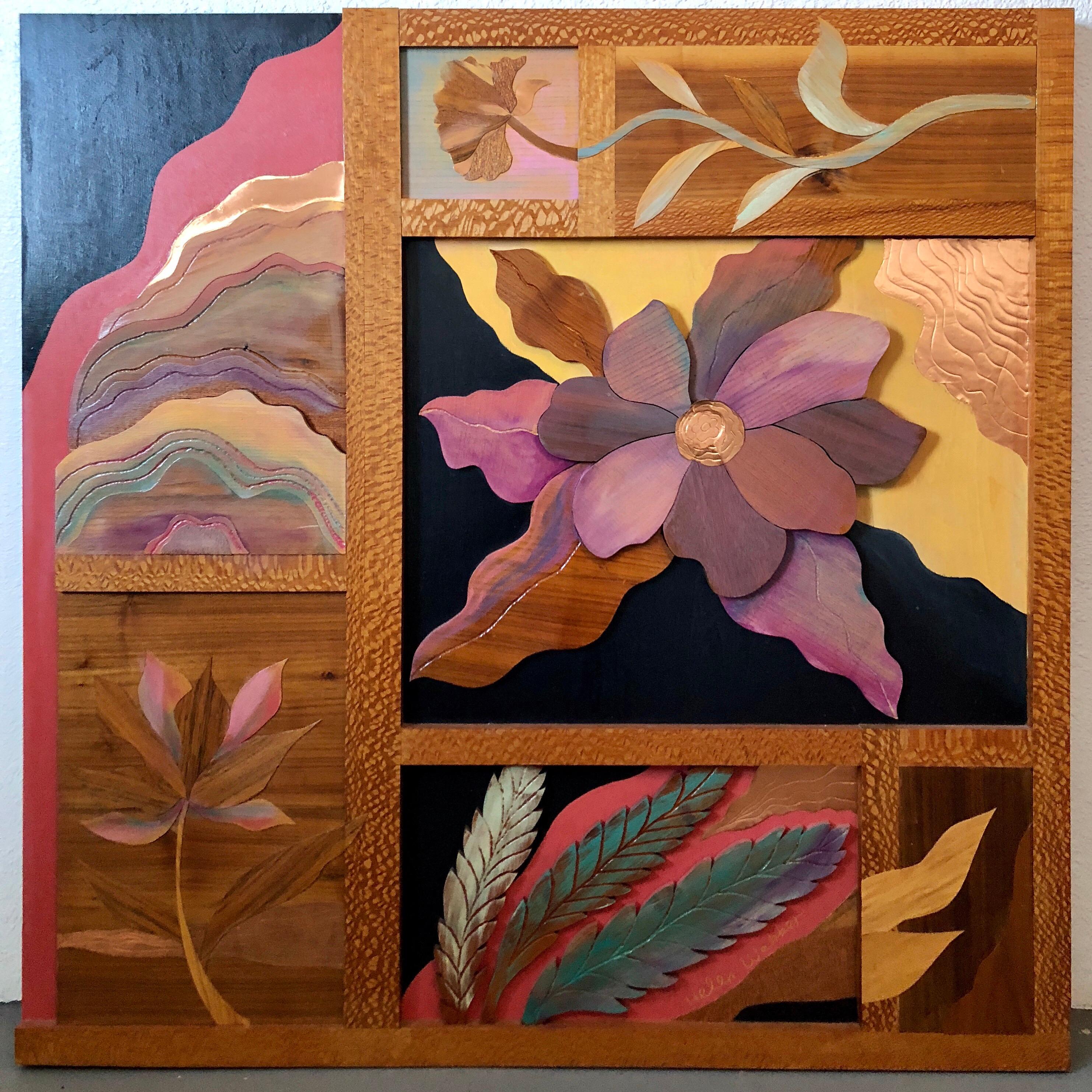 1970s  Large Wood, Copper Inlay Sculpture Wall Relief Tropical Flowers Motif - Brown Still-Life Painting by Helen Weber