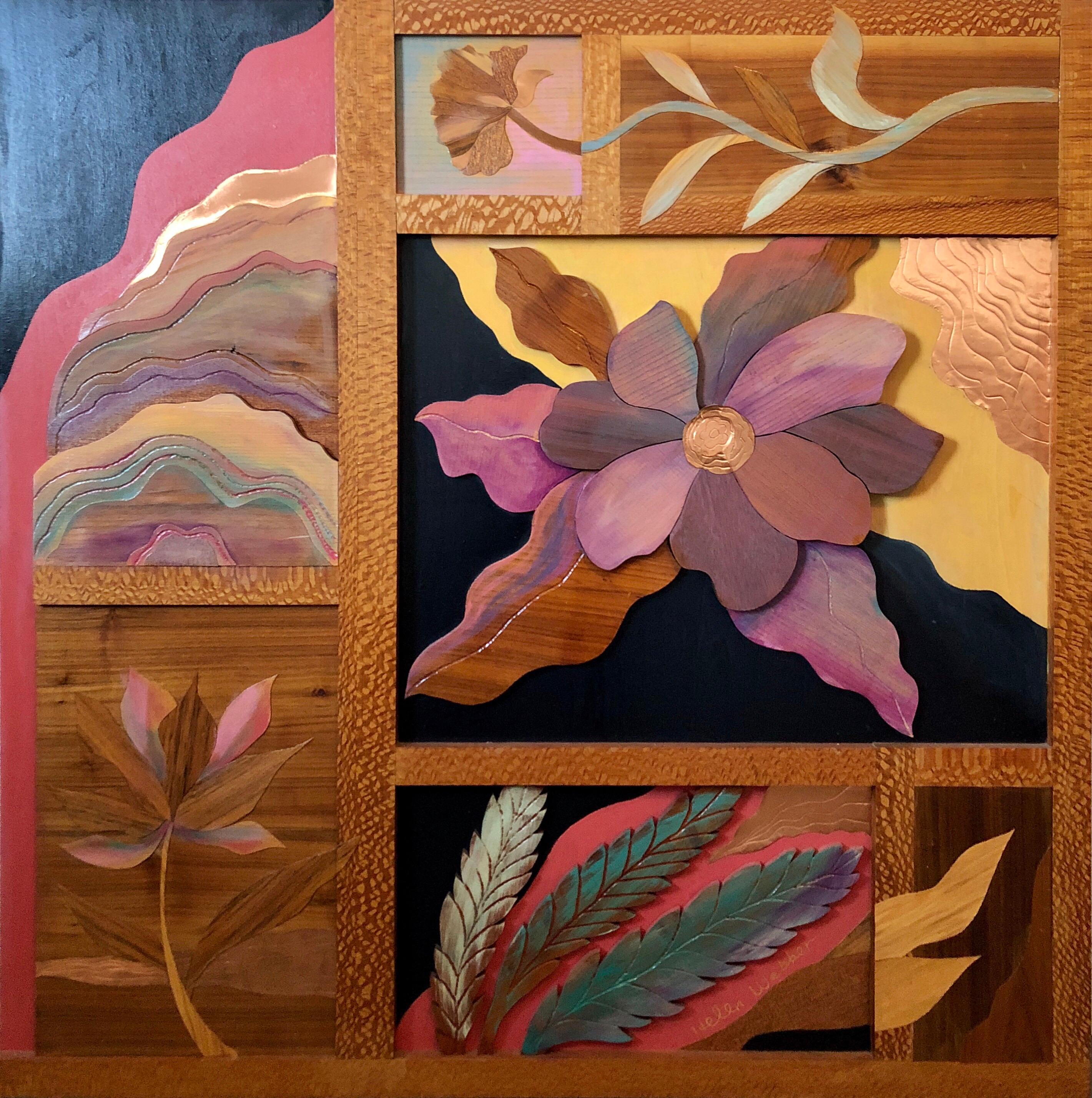 Helen Weber Still-Life Painting - 1970s  Large Wood, Copper Inlay Sculpture Wall Relief Tropical Flowers Motif