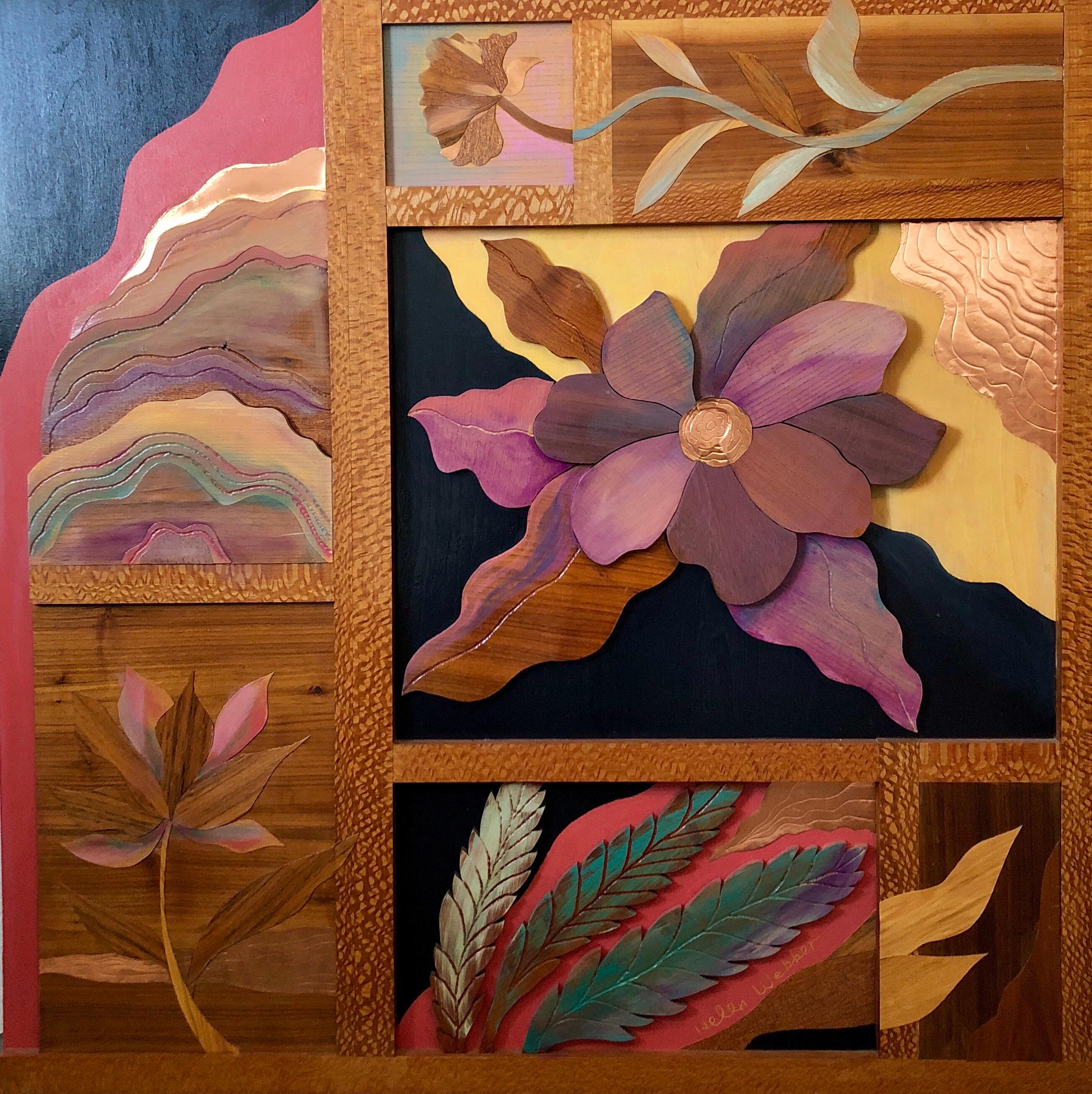 1970s  Large Wood, Copper Inlay Sculpture Wall Relief Tropical Flowers Motif - American Modern Painting by Helen Weber