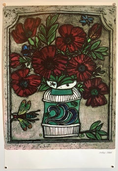 Modernistische Lithographie mit Druck von kräftigen, lebhaften Blumen, Teller signiert