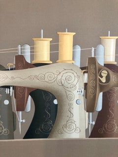 French Surrealist Trompe L'oeil Still Life Lithograph of Sewing Machines