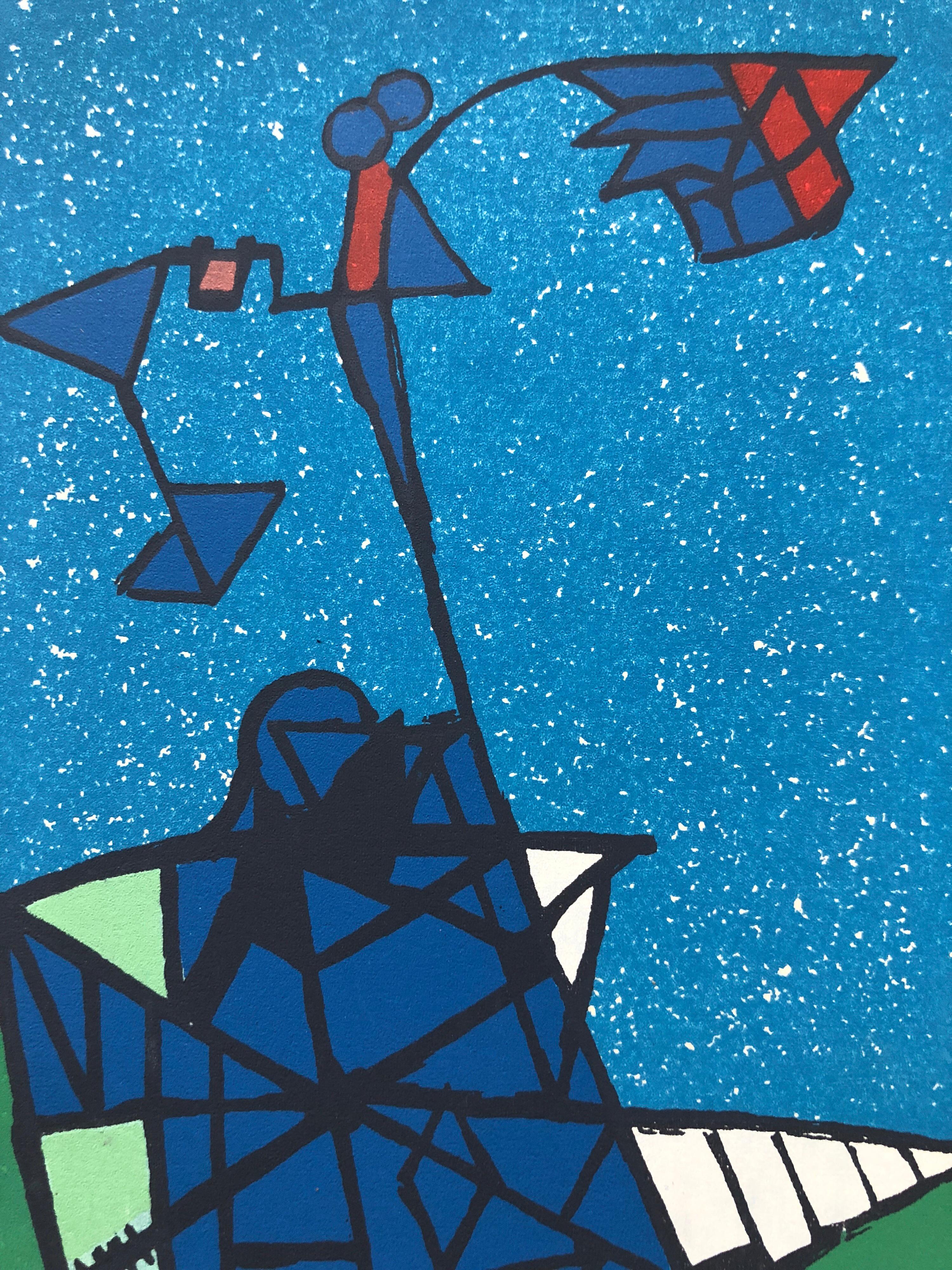 Sérigraphie sérigraphiée abstraite aux couleurs vives, signée à la main par l'artiste Cobra, années 1950 - Bleu Still-Life Print par Erling Jorgensen