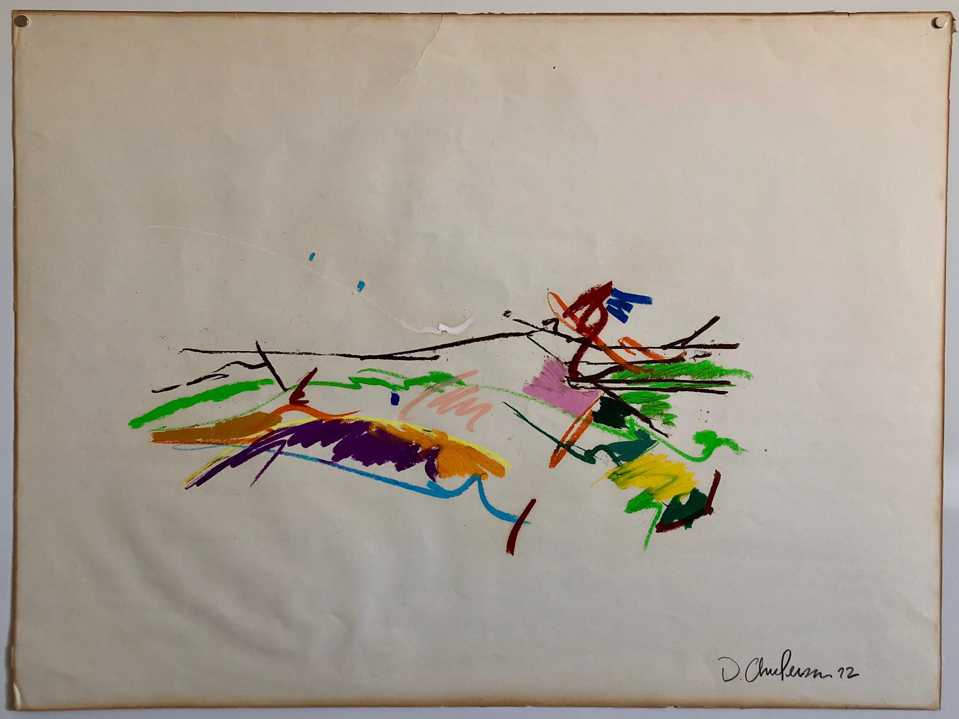 Large bright vivid drawing done in oil crayon or oil pastel. Abstract floral drawing. 

David Kimball Anderson’s work is bold and graceful, respectful and spiritual. A practicing Buddhist and avid surfer as well as a sculptor, Anderson has given way