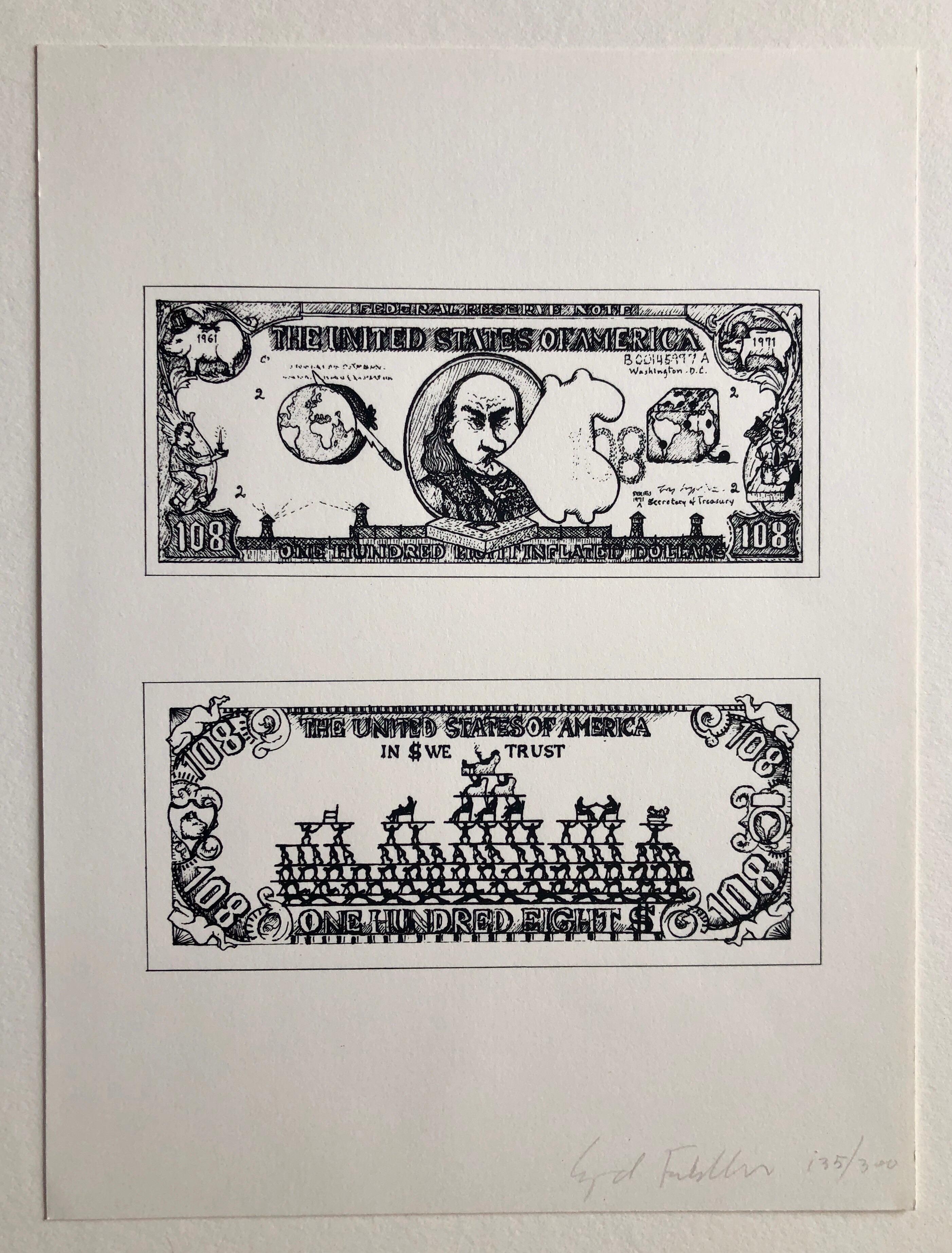 1960's Pop Art Silkscreen Print 108$ Bill Inflation Hand Signed and Numbered 1