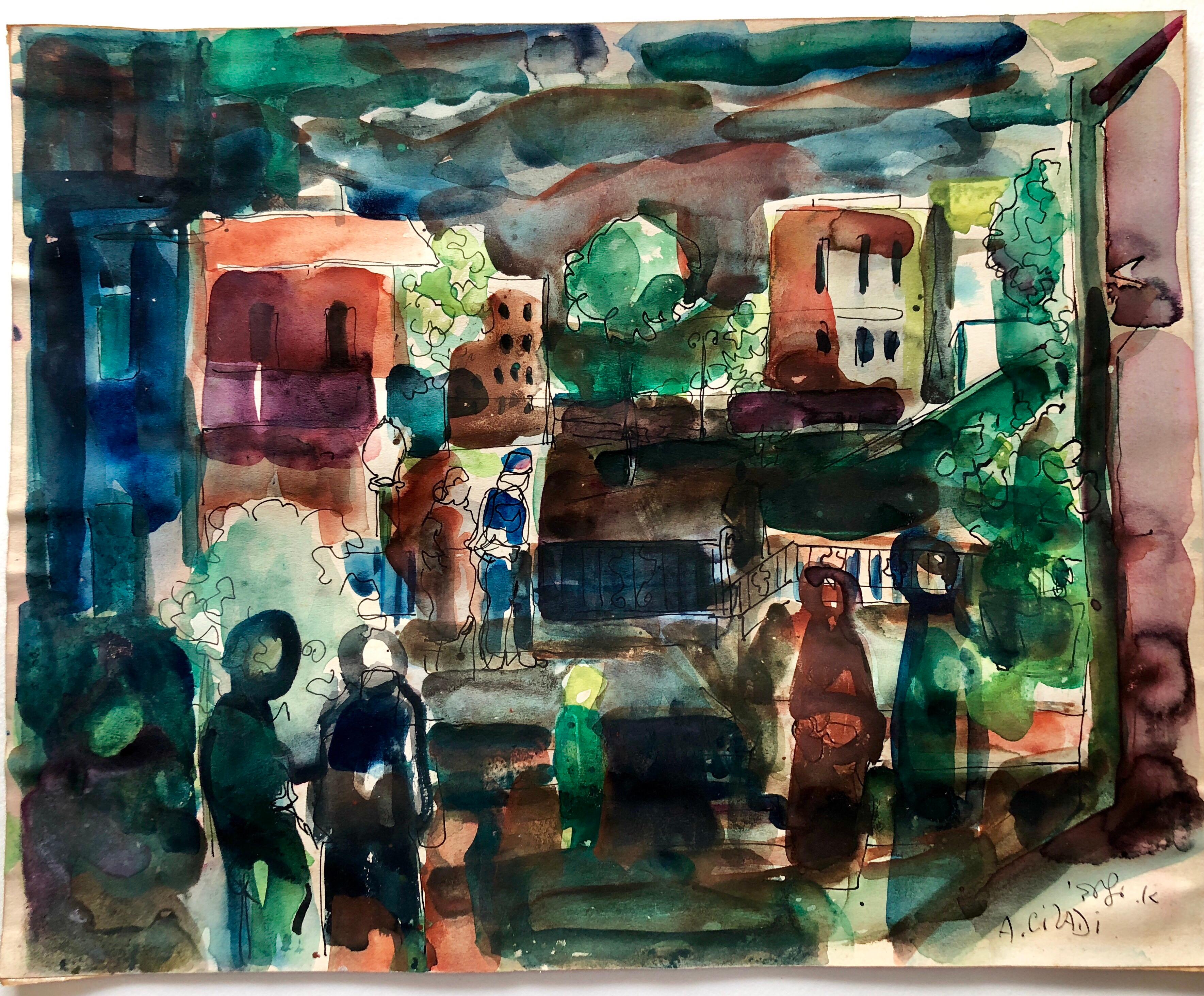 Signed in English and in Hebrew Abstract Expressionist bold, vibrant, colorful watercolor painting.

Aharon Giladi, Israeli painter, born in Russian Empire, 1907-1993
Aharon Golodetz (later Giladi) was born in Belarus, Russia to a wealthy family. In