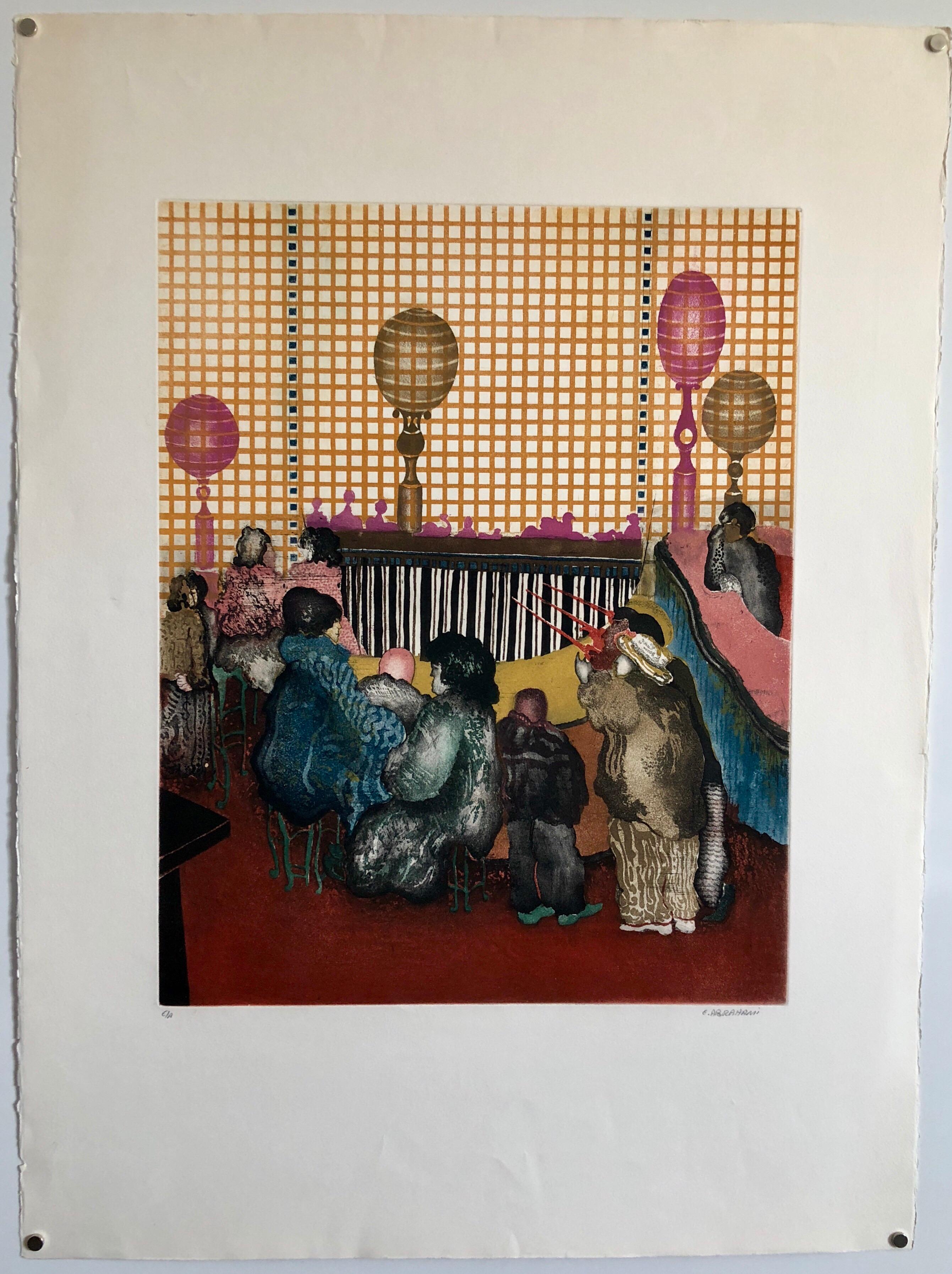 Iranian Israeli Large Aquatint Etching Figurative Abstract Circus Monde Balloons - Beige Abstract Print by Elie (Eliahu) Abrahami