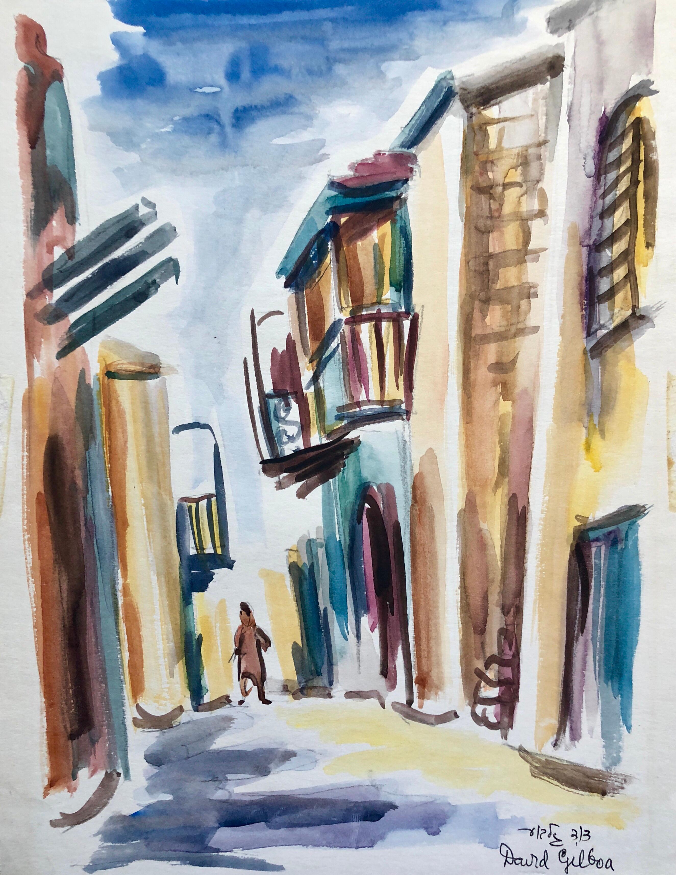 Old City Jerusalem Watercolor Painting, Israeli Judaica  - Art by David Gilboa