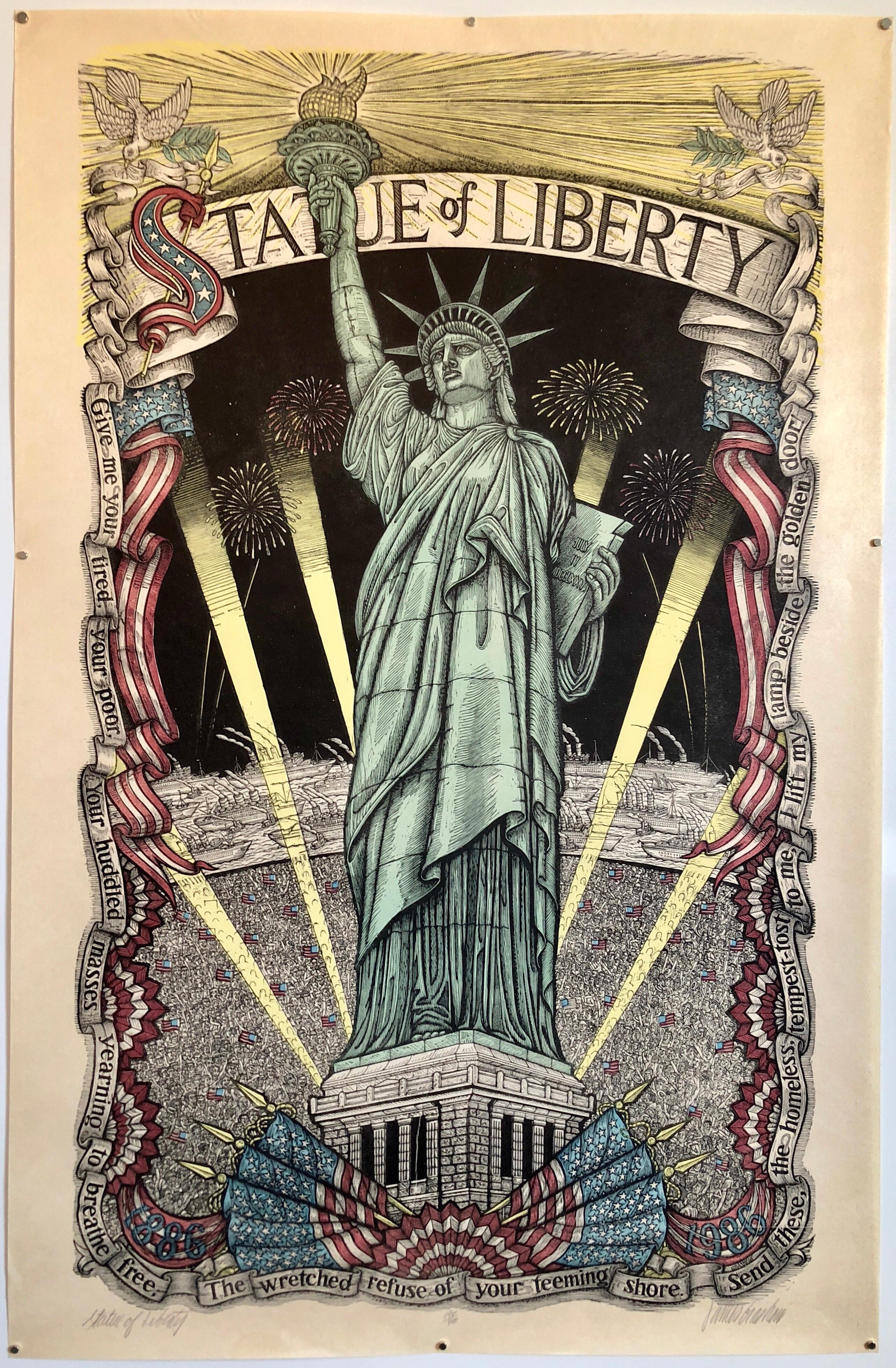 Original Woodcut Print Statue of Liberty Centennial Color Woodblock Signed LtdEd 4