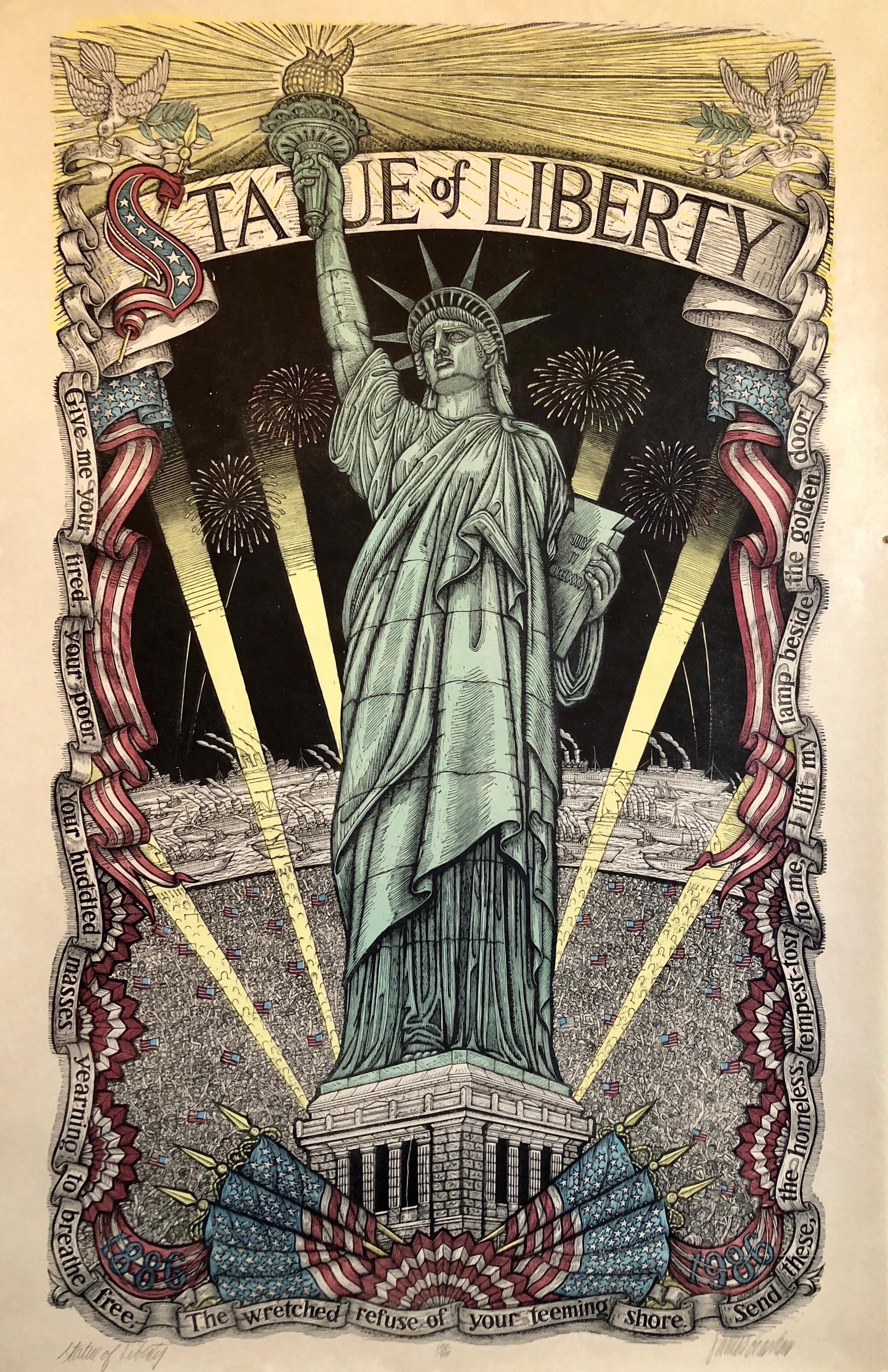 James Grashow Figurative Print - Original Woodcut Print Statue of Liberty Centennial Color Woodblock Signed LtdEd