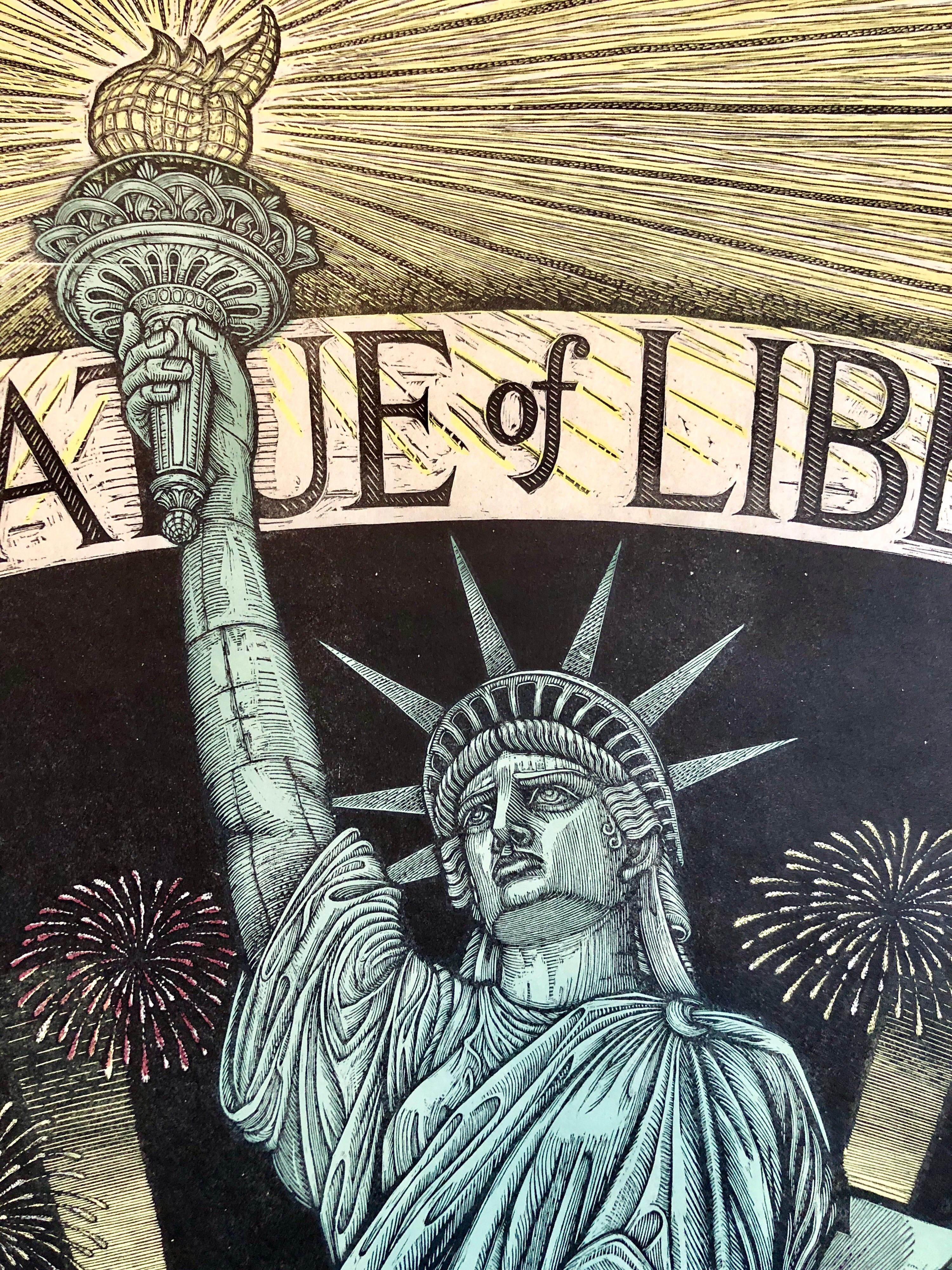 Original Woodcut Print Statue of Liberty Centennial Color Woodblock Signed LtdEd 3