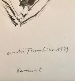 Pittura Modernista Svizzera Dada Surrealista degli anni '70 firmata Andre Thomkins Disegno a pennello