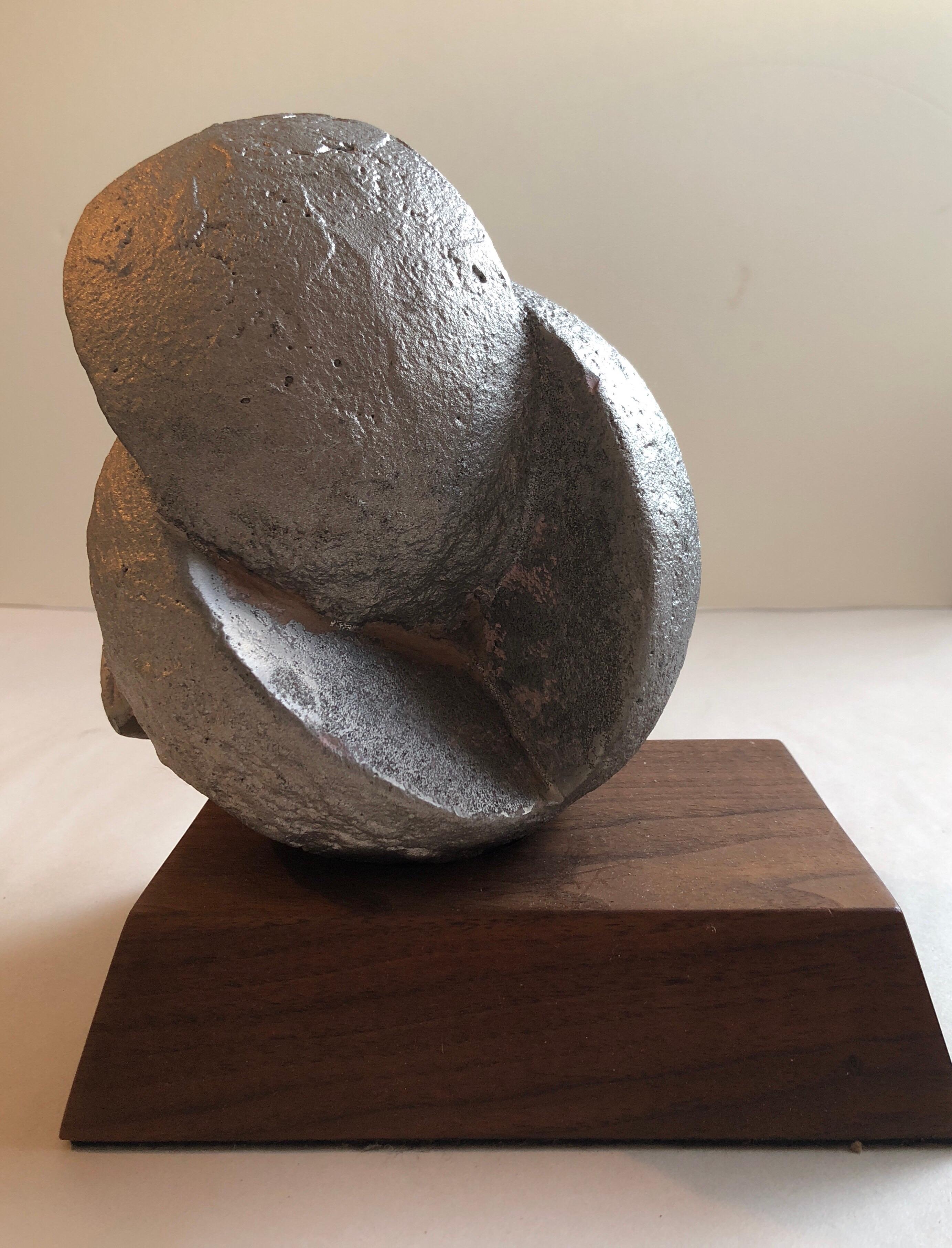 Modernist Michigan Sculpture Abstract Brutalist Fractured Metal Orb Walnut Base - Brown Abstract Sculpture by David Barr