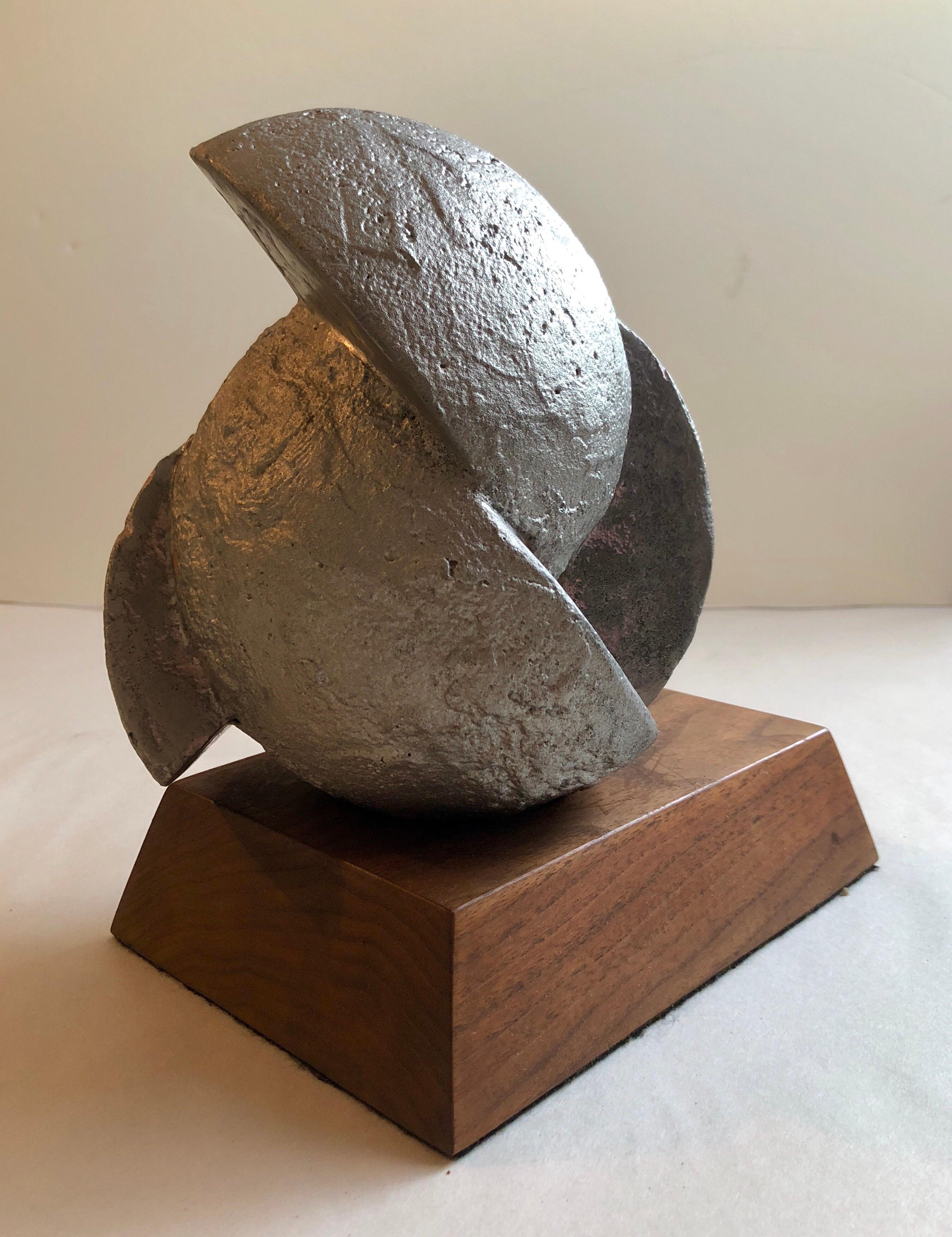 David Barr Abstract Sculpture - Modernist Michigan Sculpture Abstract Brutalist Fractured Metal Orb Walnut Base