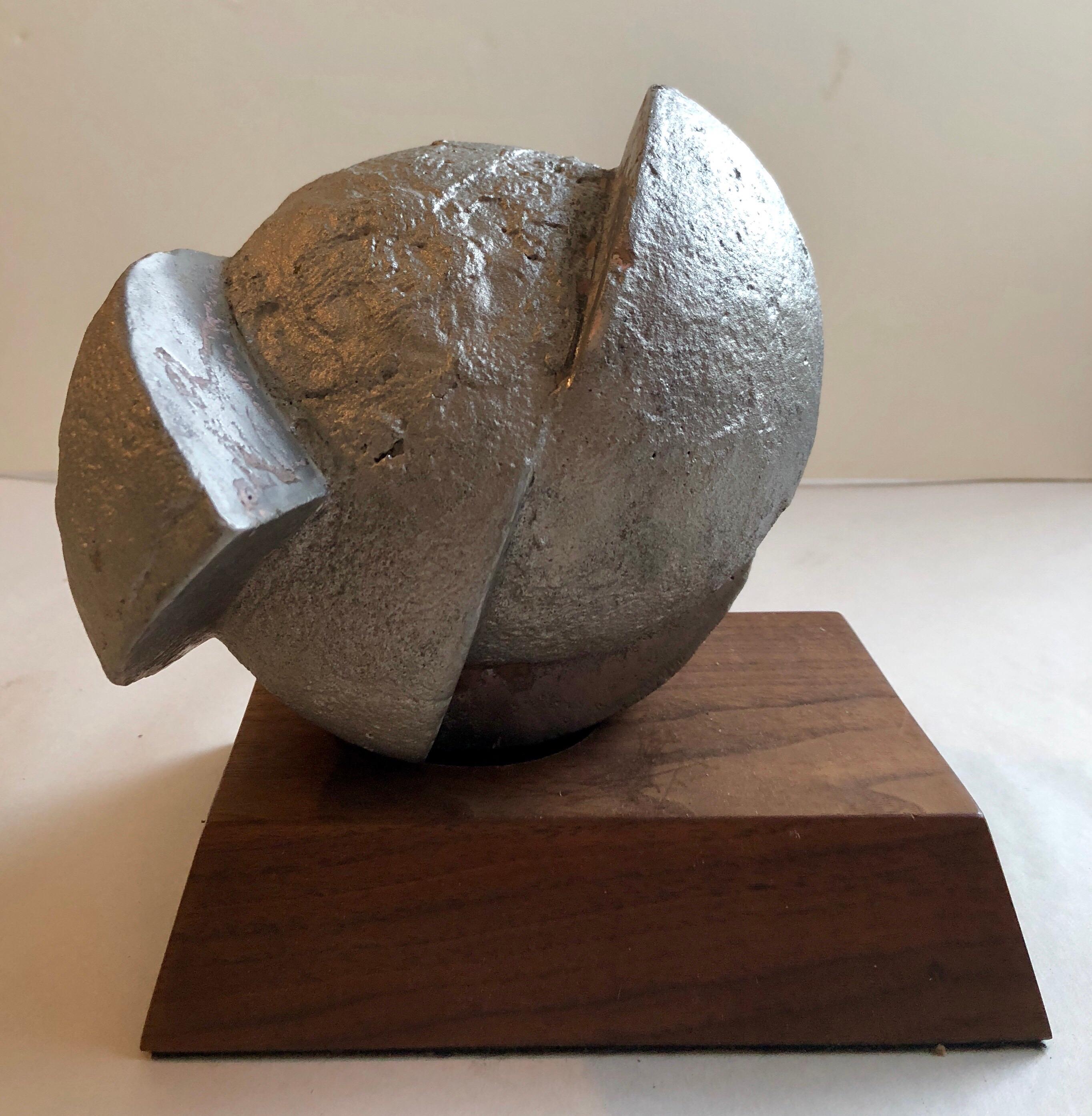 Modernist Michigan Sculpture Abstract Brutalist Fractured Metal Orb Walnut Base 2