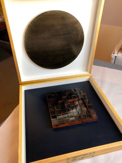 Modernist Detroit Table Sculpture Wood Collage Box Assemblage Americordo Copper 