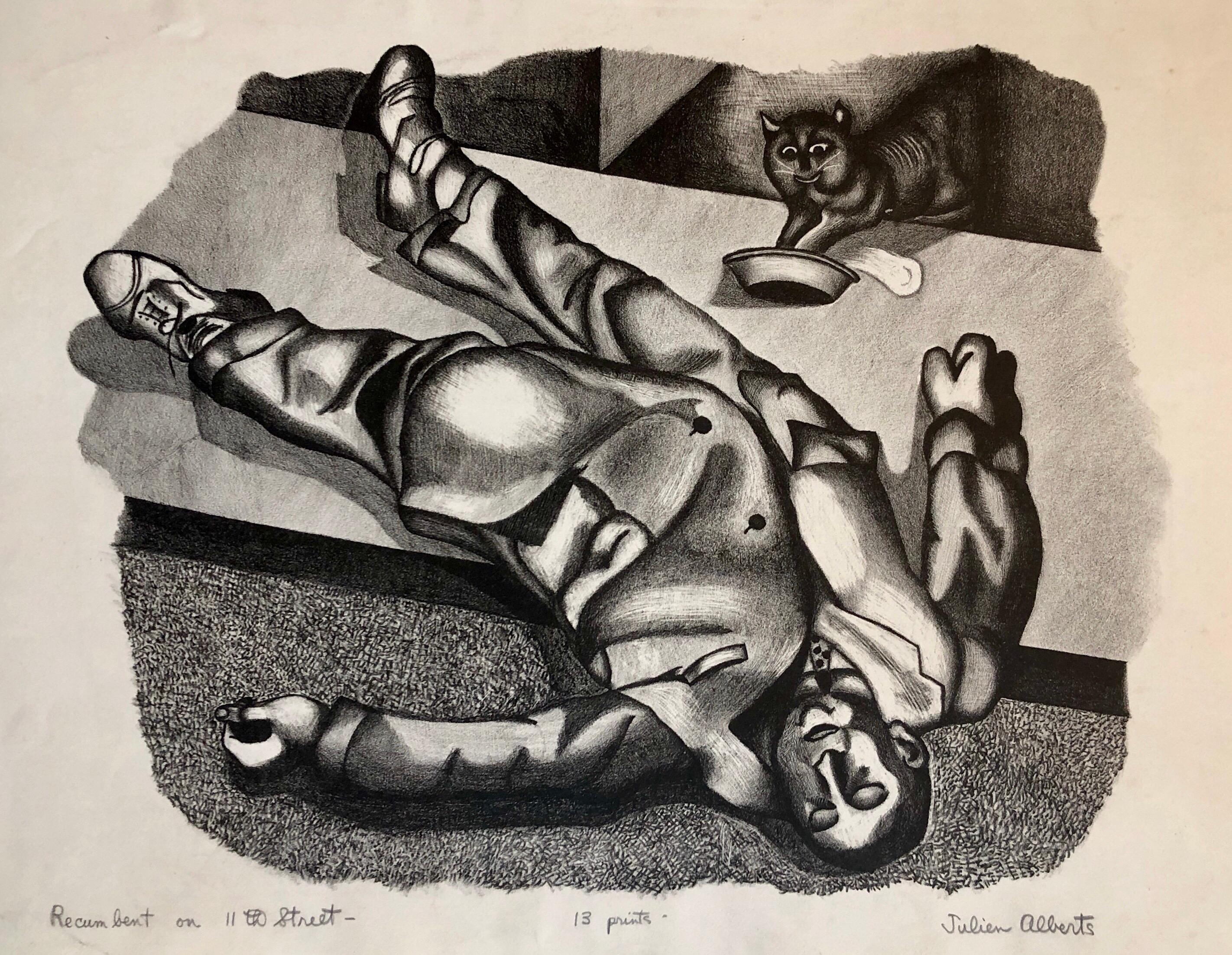 Recumbent on 11th st. NYC Drunk 1930's Social Realist Lithograph