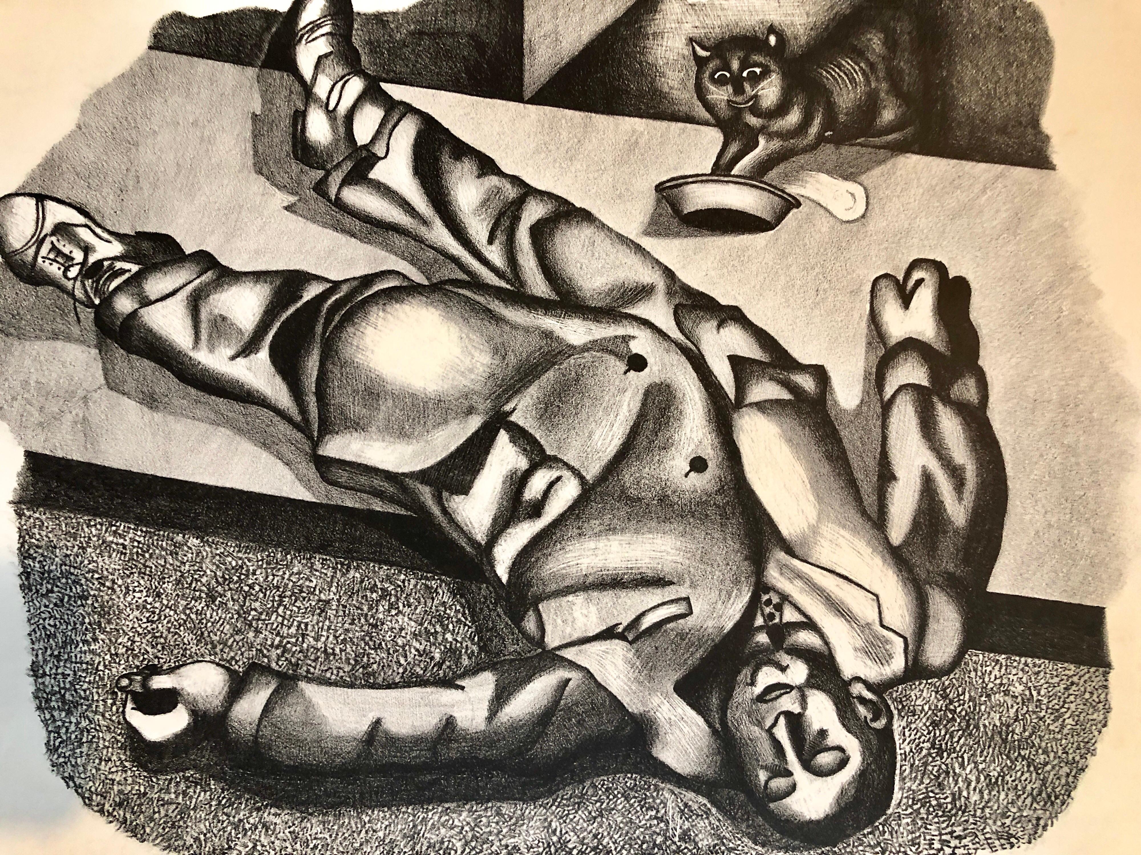 Recumbent on 11th st. NYC Drunk 1930's Social Realist Lithograph - Print by Julien Alberts