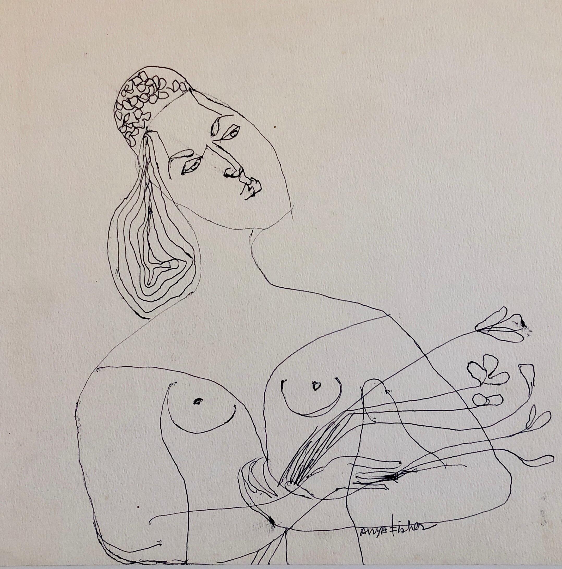 Female Nude Drawing Los Angeles Modernist Woman with Flowers - Art by Anya Fisher