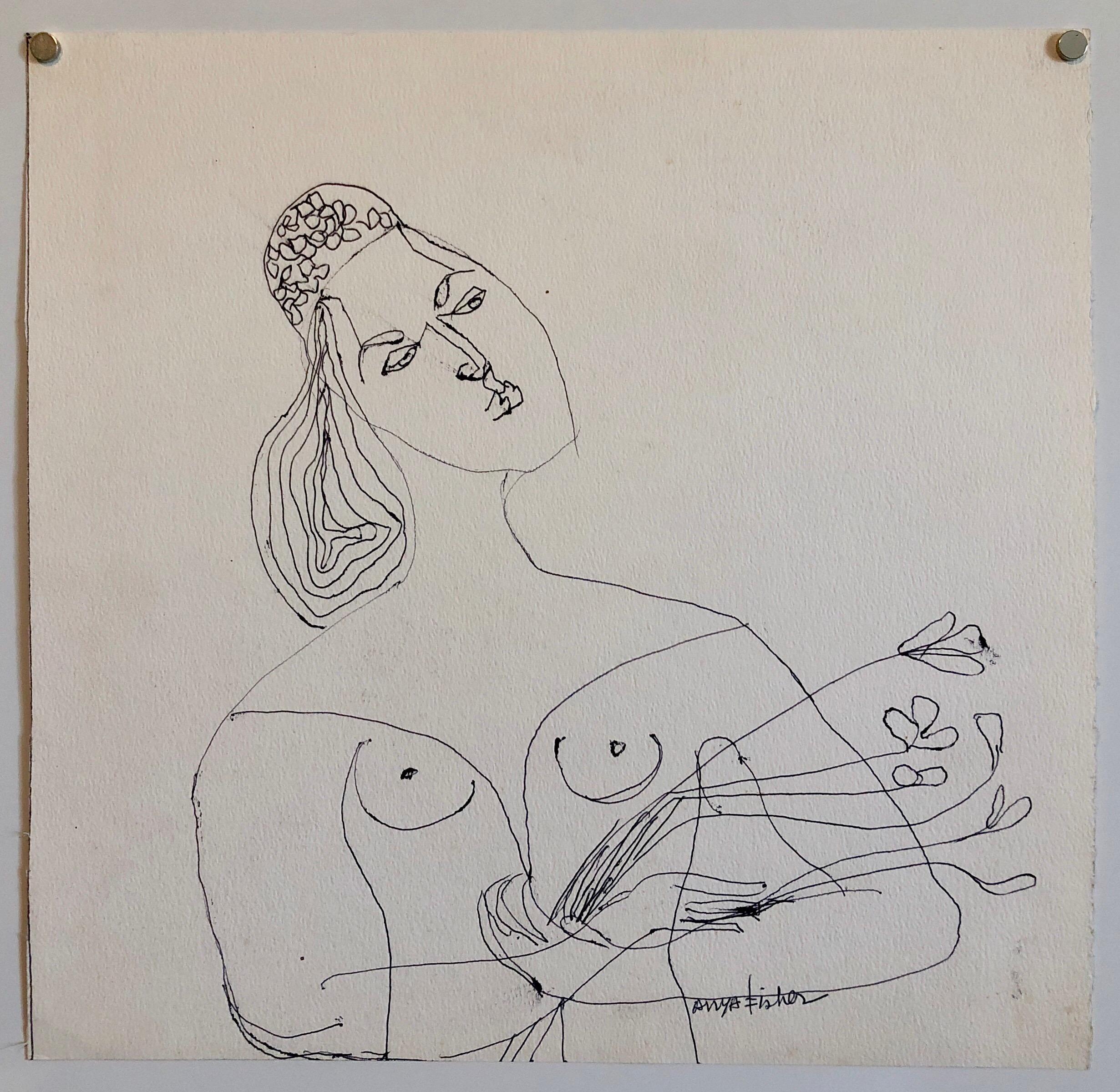 Female Nude Drawing Los Angeles Modernist Woman with Flowers - American Modern Art by Anya Fisher