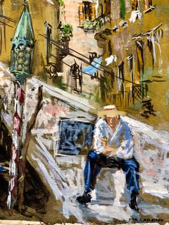 Venice Italy Landscape Gouache Painting Canal with Gondolier Bridge of Sighs