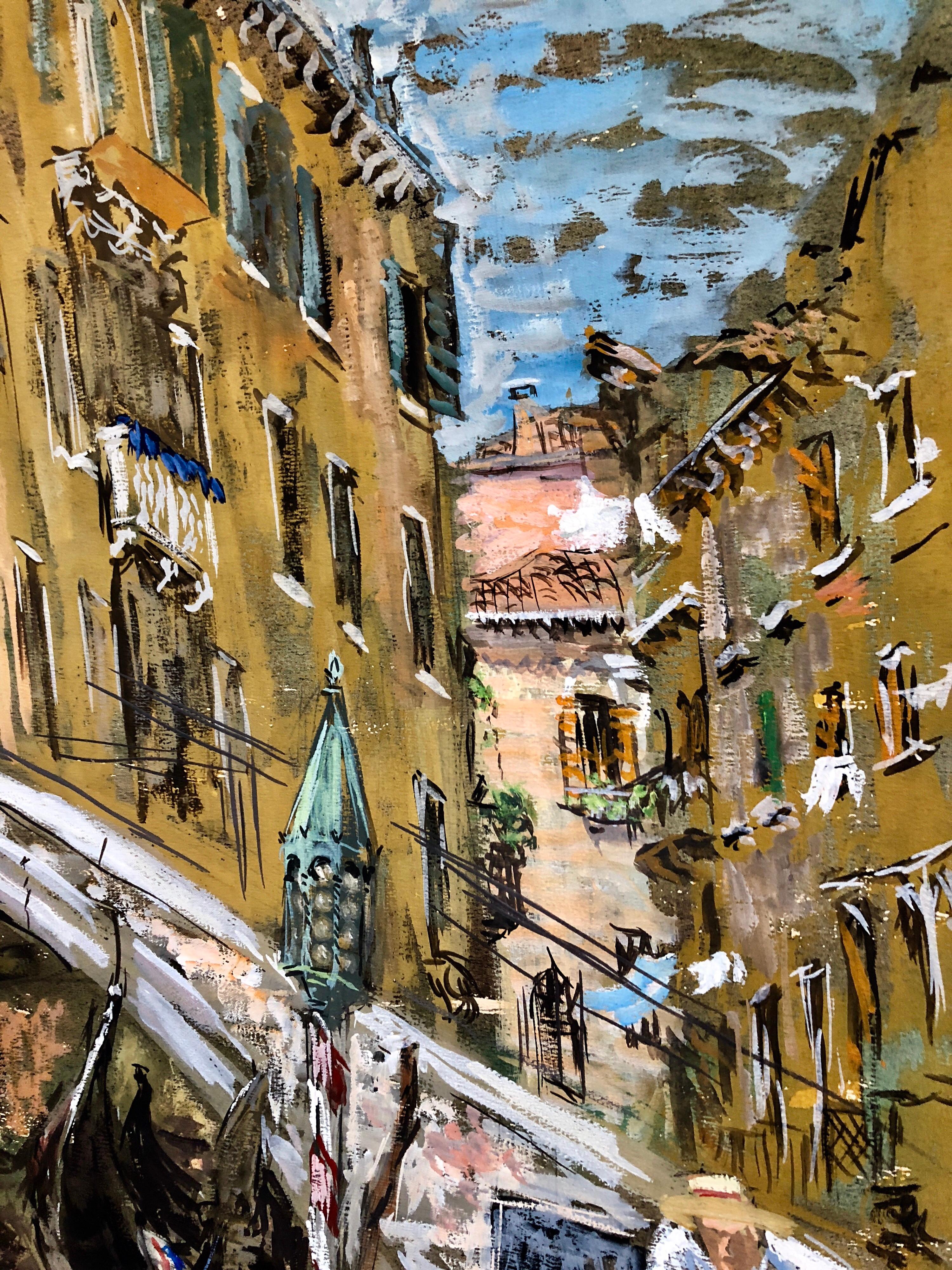 Venice Italy Landscape Gouache Painting Canal with Gondolier Bridge of Sighs - Brown Landscape Painting by Vita Solomon