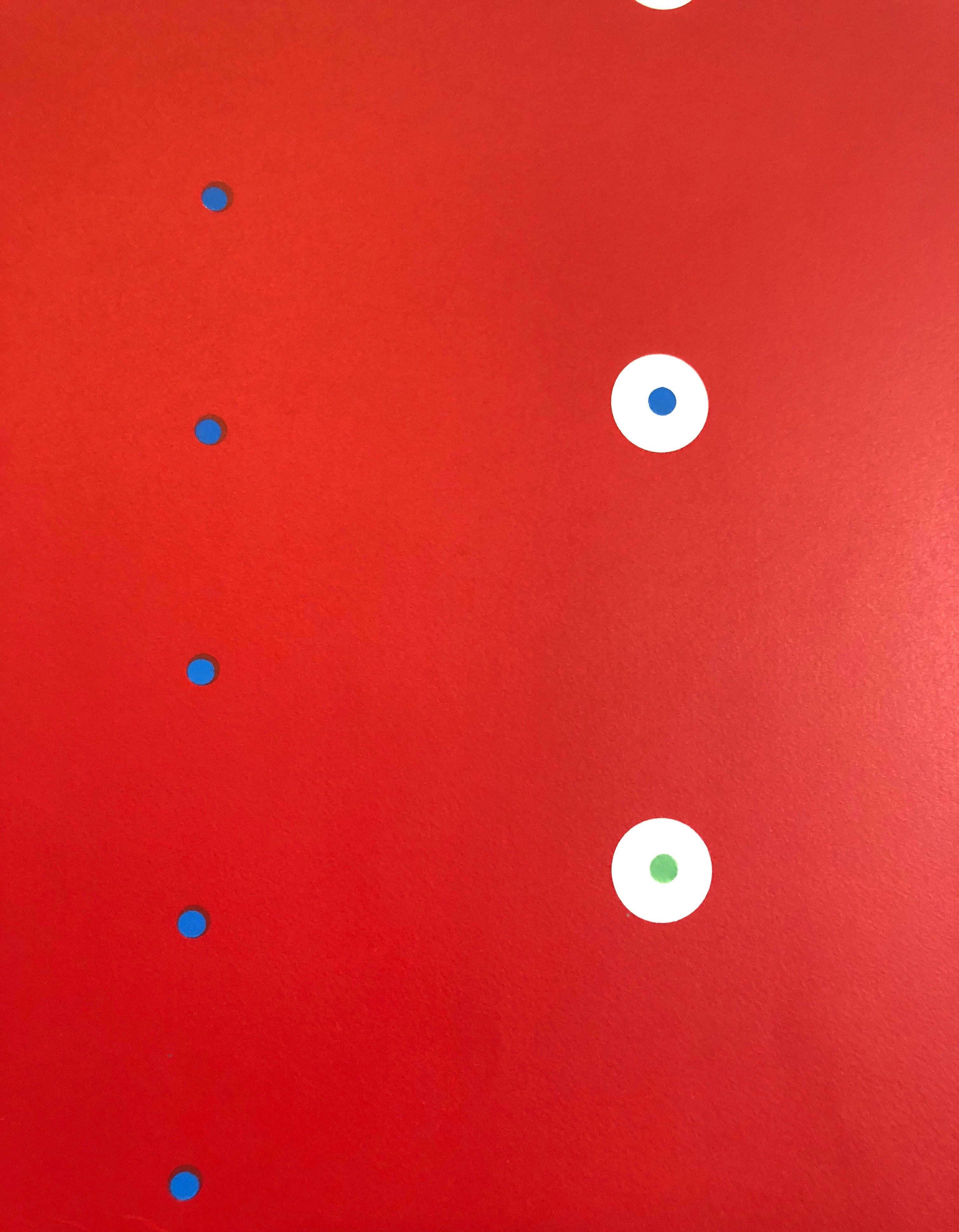 Rare print from small edition of 14. Hand signed, titled and dated verso. 
It has a grid with a dot pattern on a bold red background and is titled Blue Green. 
I do not know much on the artist but he has been sold with Ilya Bolotowsky. This might