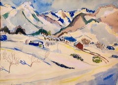 Swiss Alps Modernist Mountain Landscape 1944 Watercolor Painting Switzerland