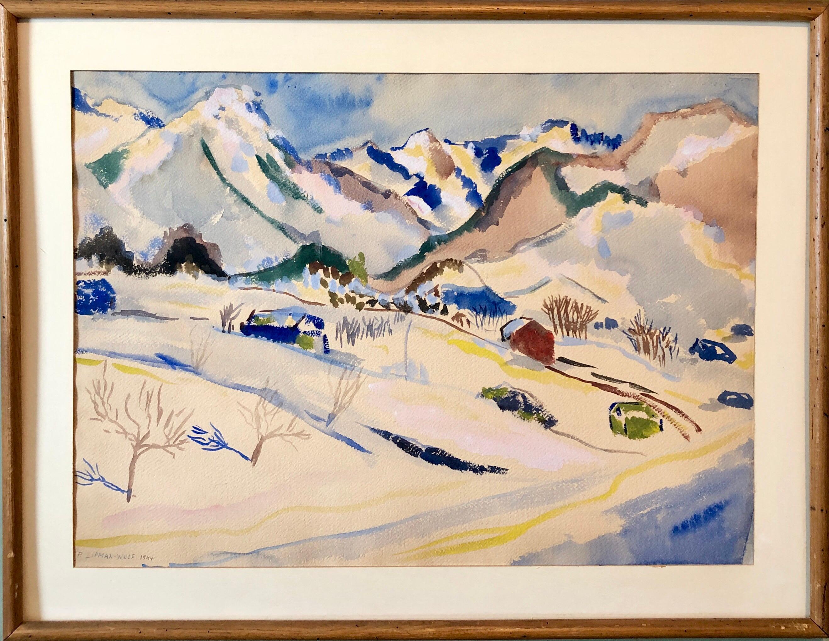 Modernistische Berglandschaft der Schweizer Alpen 1944:: Aquarellmalerei:: Schweiz – Art von Peter Lipman Wulf