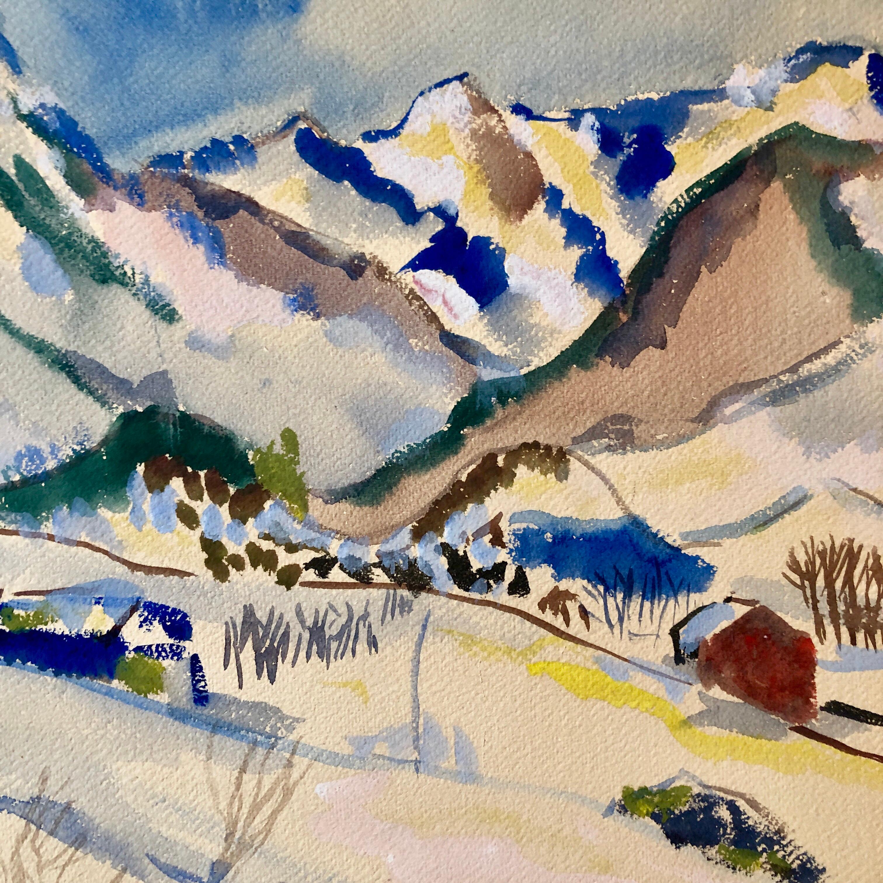 Modernistische Berglandschaft der Schweizer Alpen 1944:: Aquarellmalerei:: Schweiz (Beige), Landscape Art, von Peter Lipman Wulf